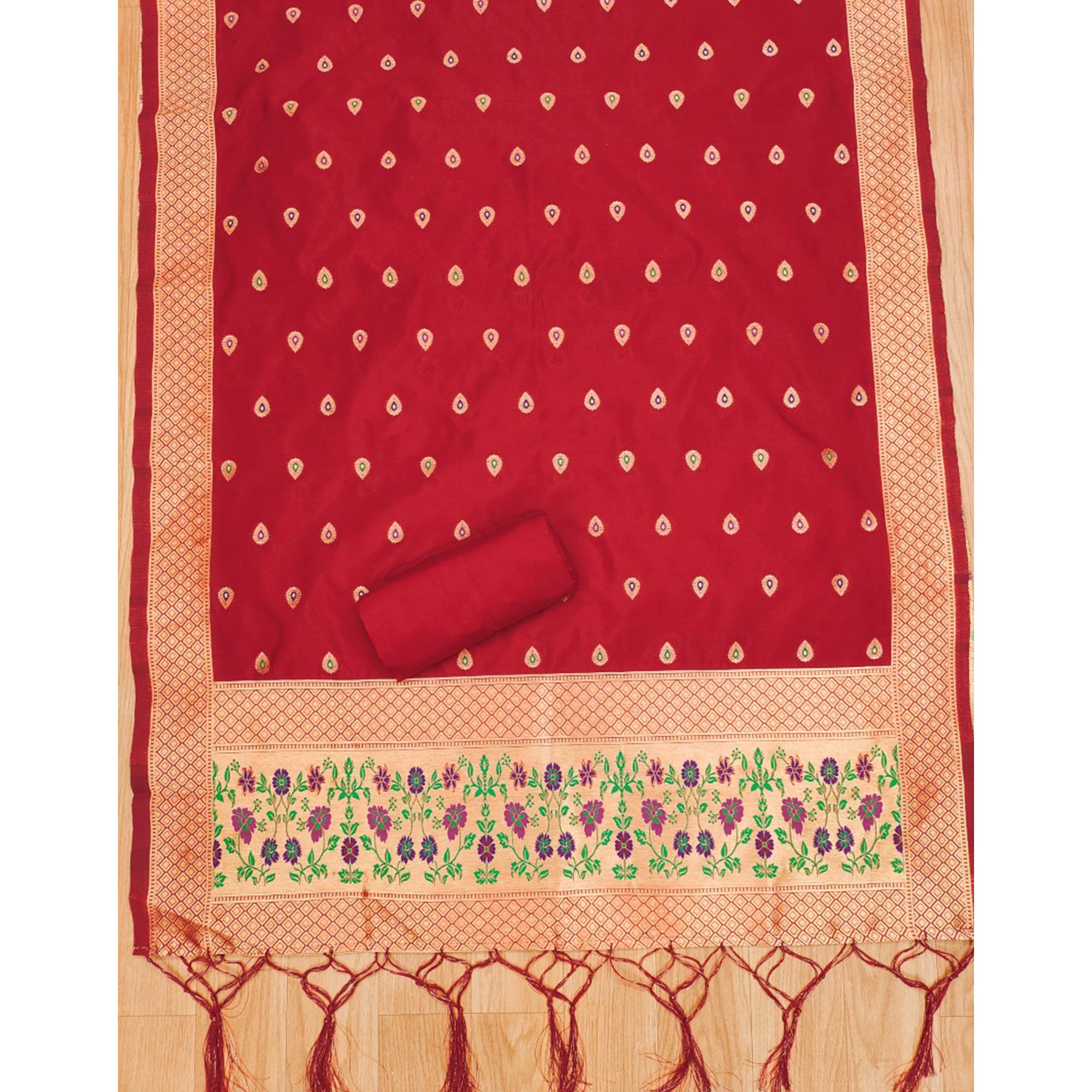 Red Floral Zari Woven Banarasi Silk Dress Material