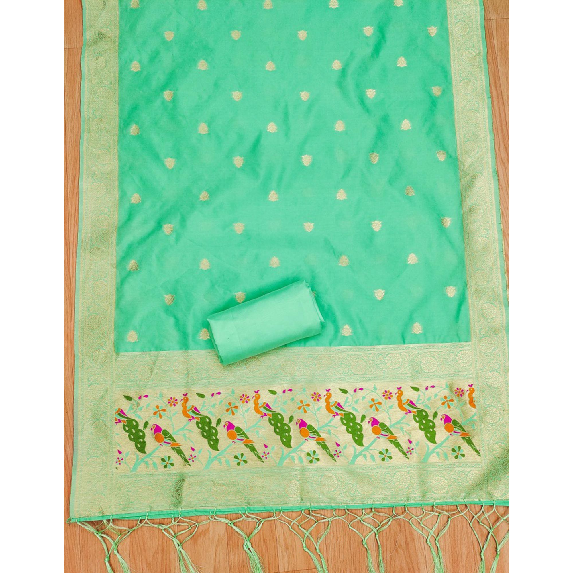 Sea Green Floral Zari Woven Banarasi Silk Dress Material