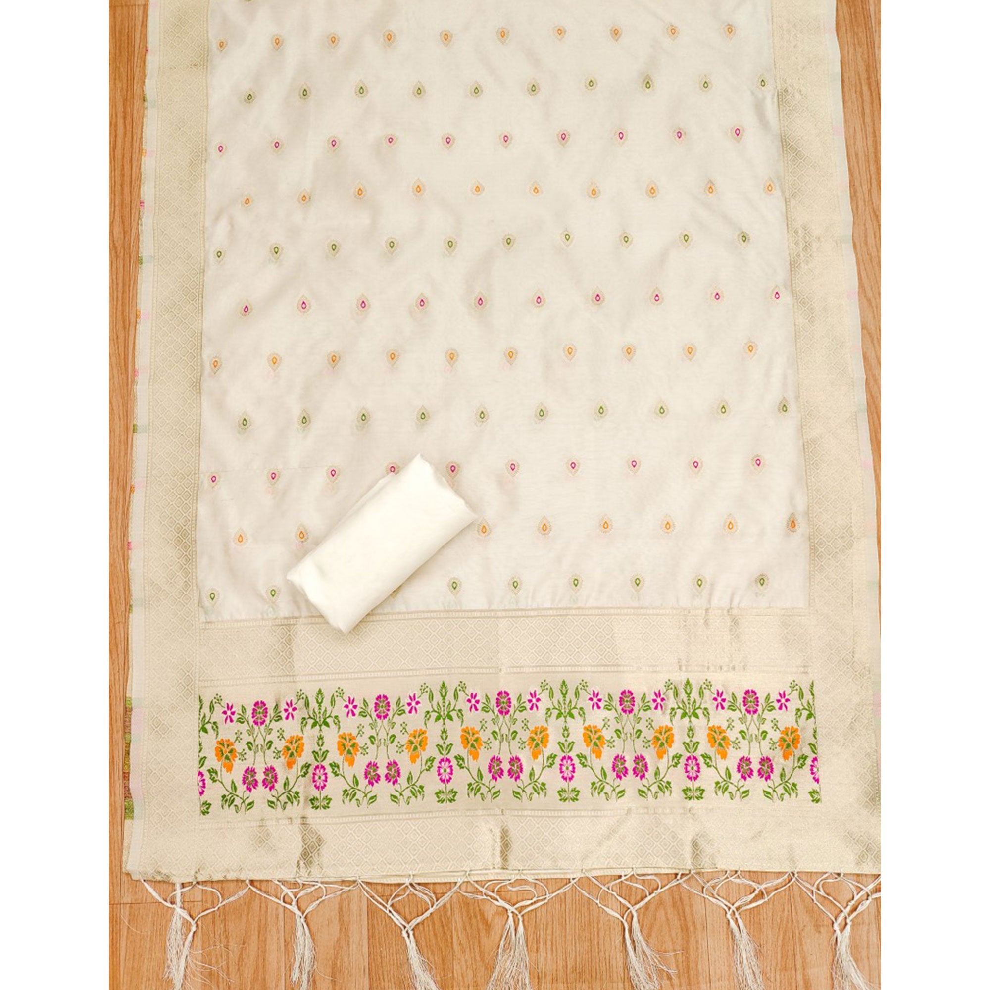 White Floral Zari Woven Banarasi Silk Dress Material