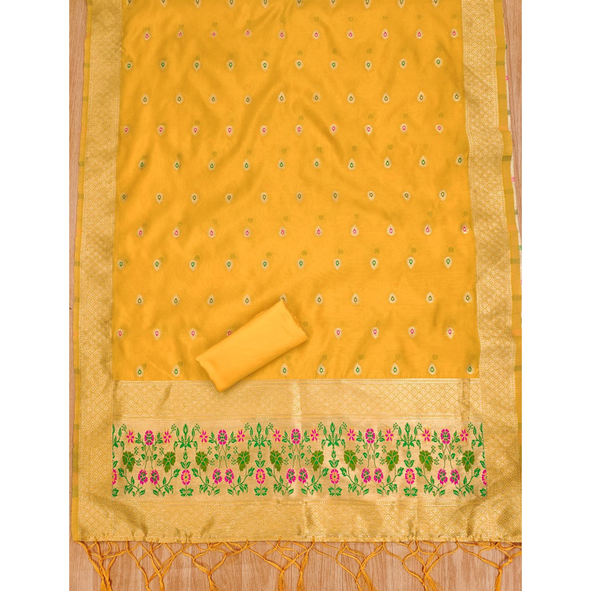 Yellow Floral Zari Woven Banarasi Silk Dress Material