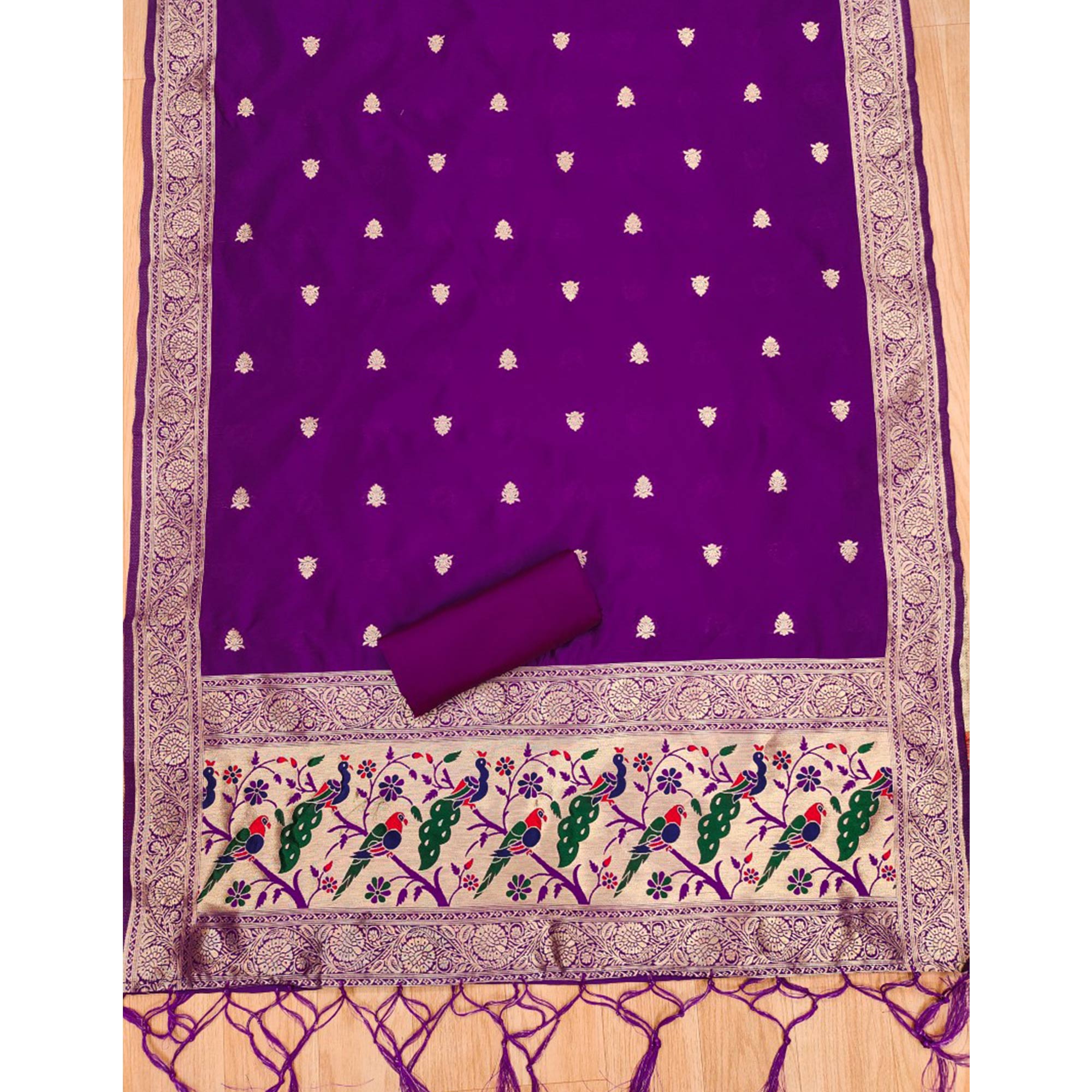 Purple Floral Zari Woven Banarasi Silk Dress Material