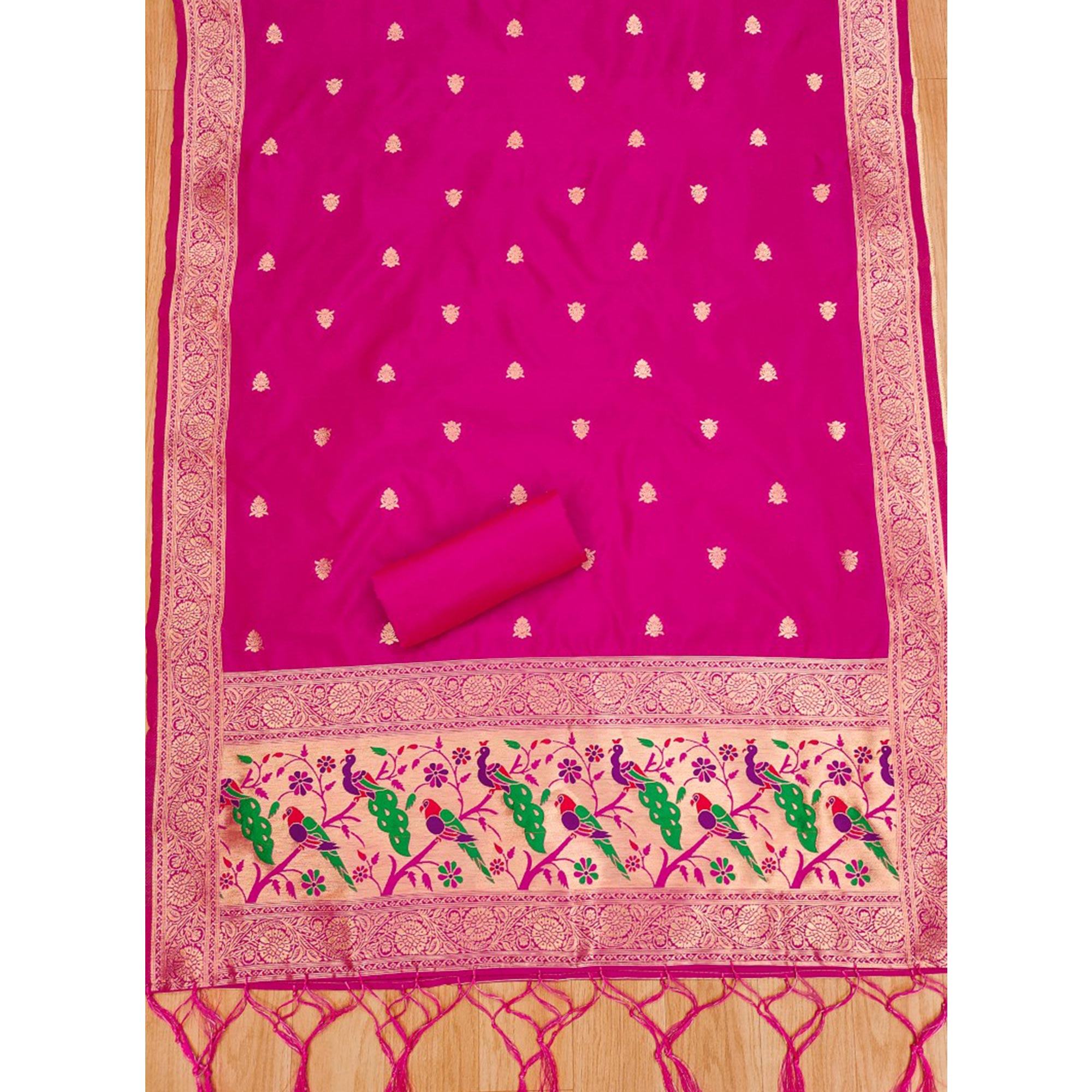 Rani Pink Floral Zari Woven Banarasi Silk Dress Material