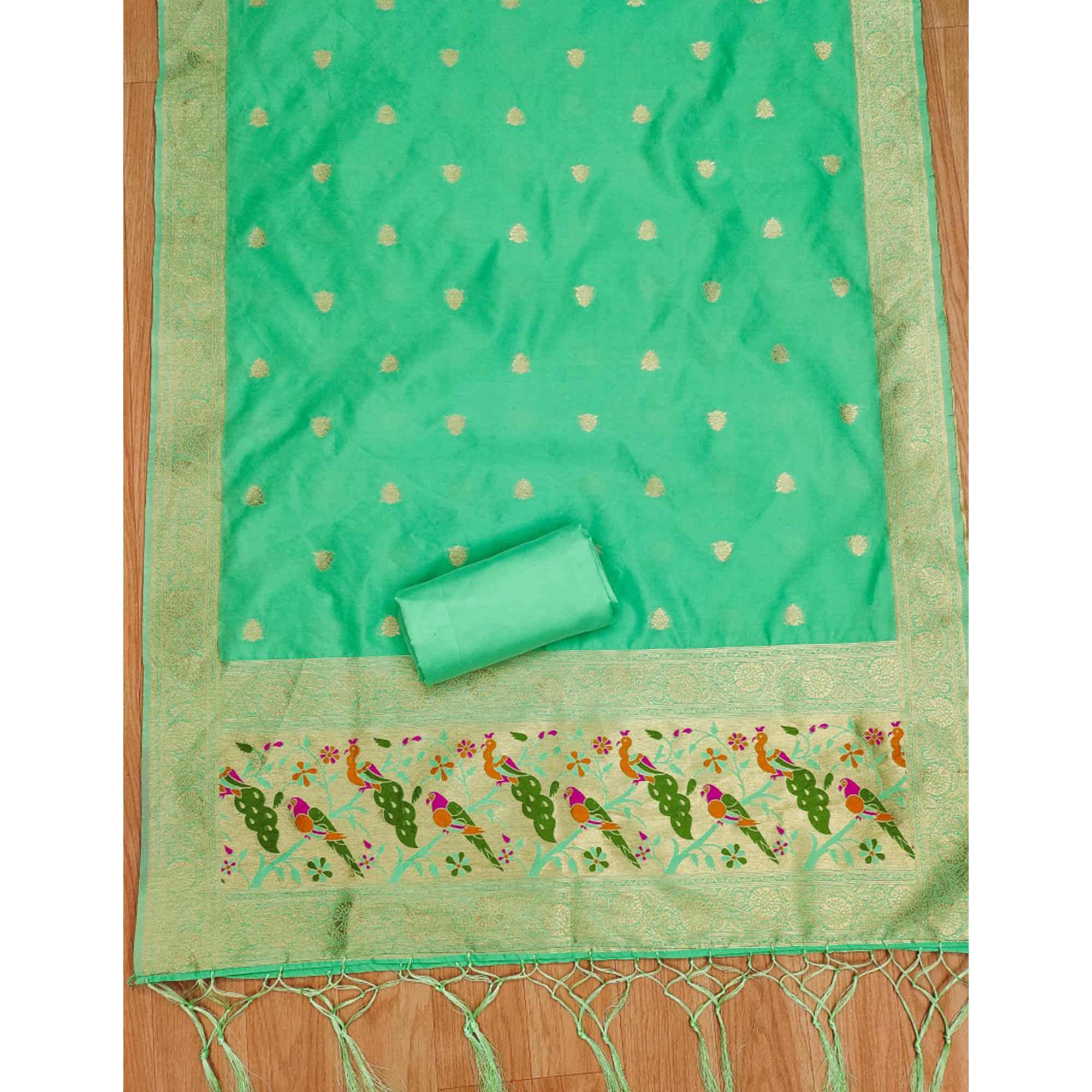 Sea Green Floral Zari Woven Banarasi Silk Dress Material