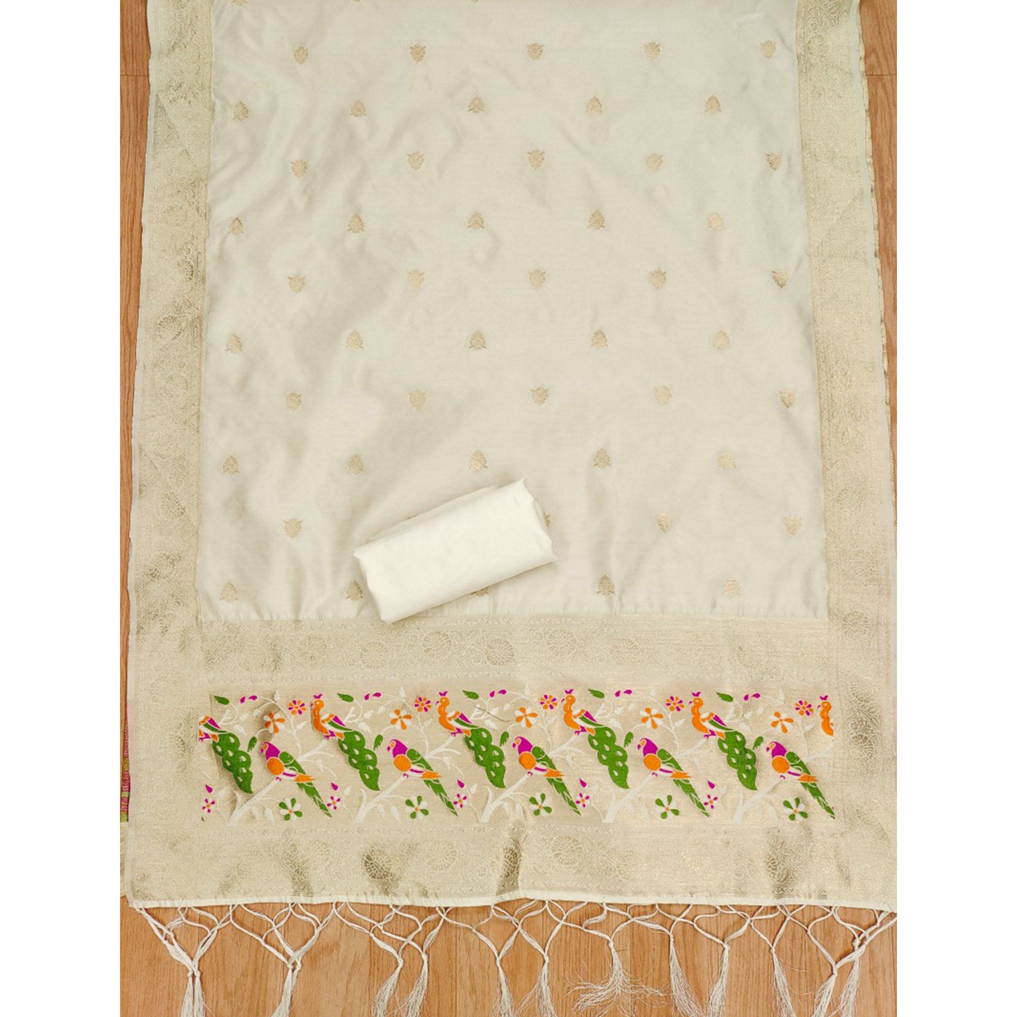 White Floral Zari Woven Banarasi Silk Dress Material