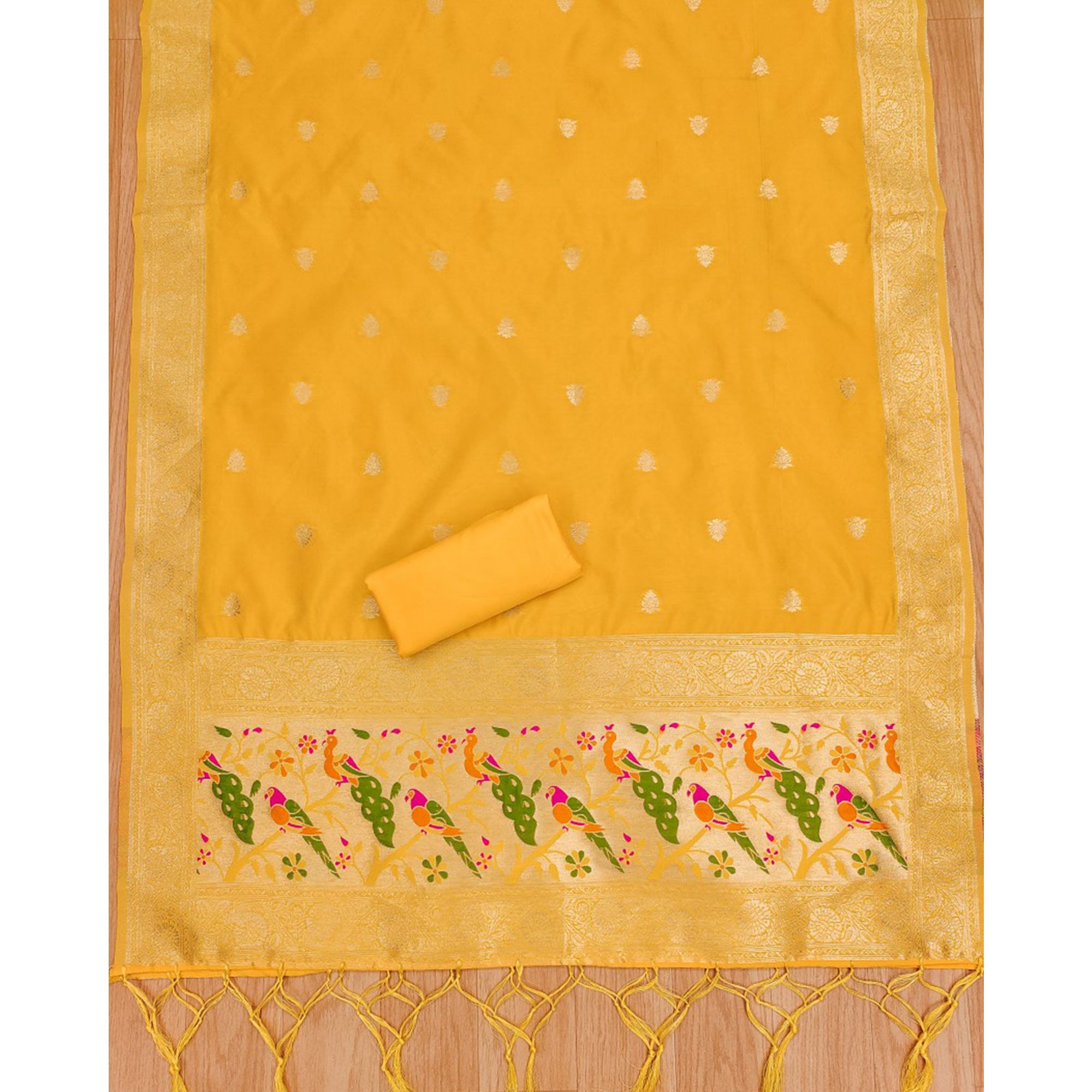 Yellow Floral Zari Woven Banarasi Silk Dress Material