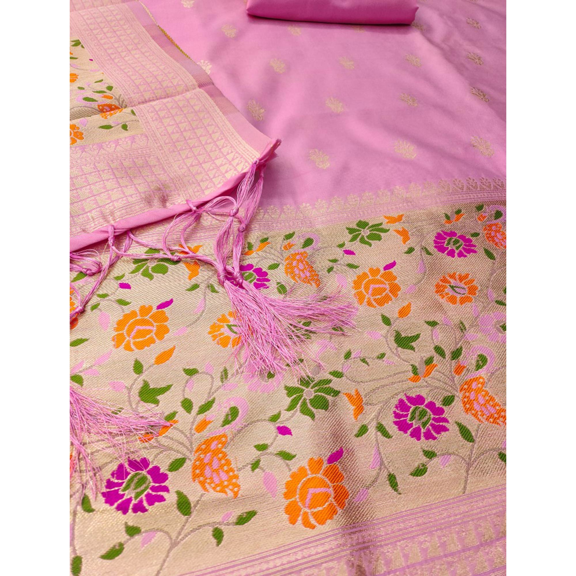 Baby Pink Floral Zari Woven Banarasi Silk Dress Material