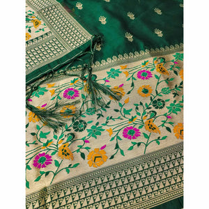 Bottle Green Floral Zari Woven Banarasi Silk Dress Material