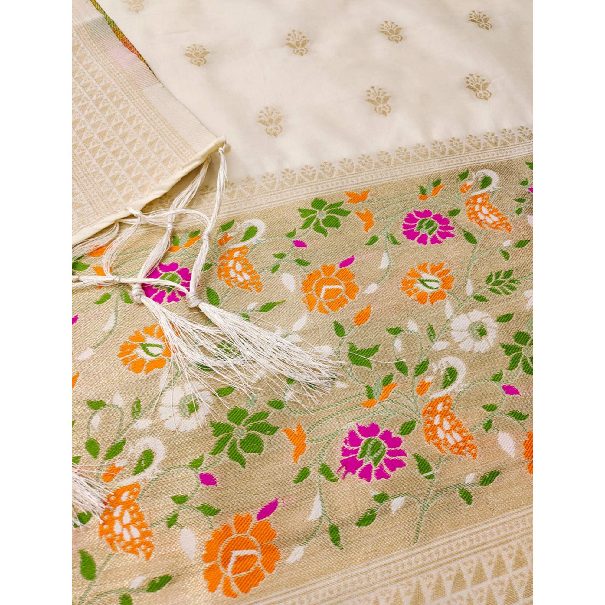 Offwhite Floral Zari Woven Banarasi Silk Dress Material