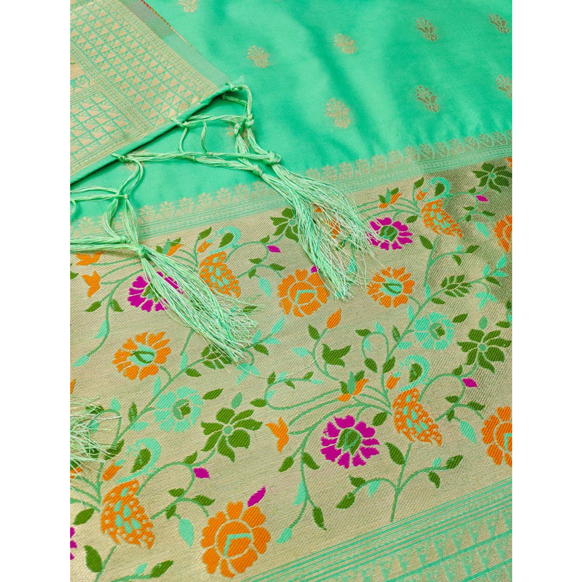 Sea Green Floral Zari Woven Banarasi Silk Dress Material