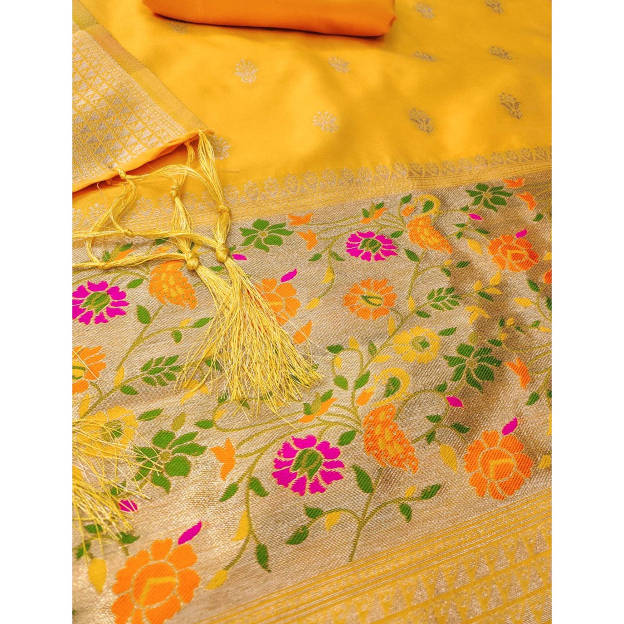 Yellow Floral Zari Woven Banarasi Silk Dress Material