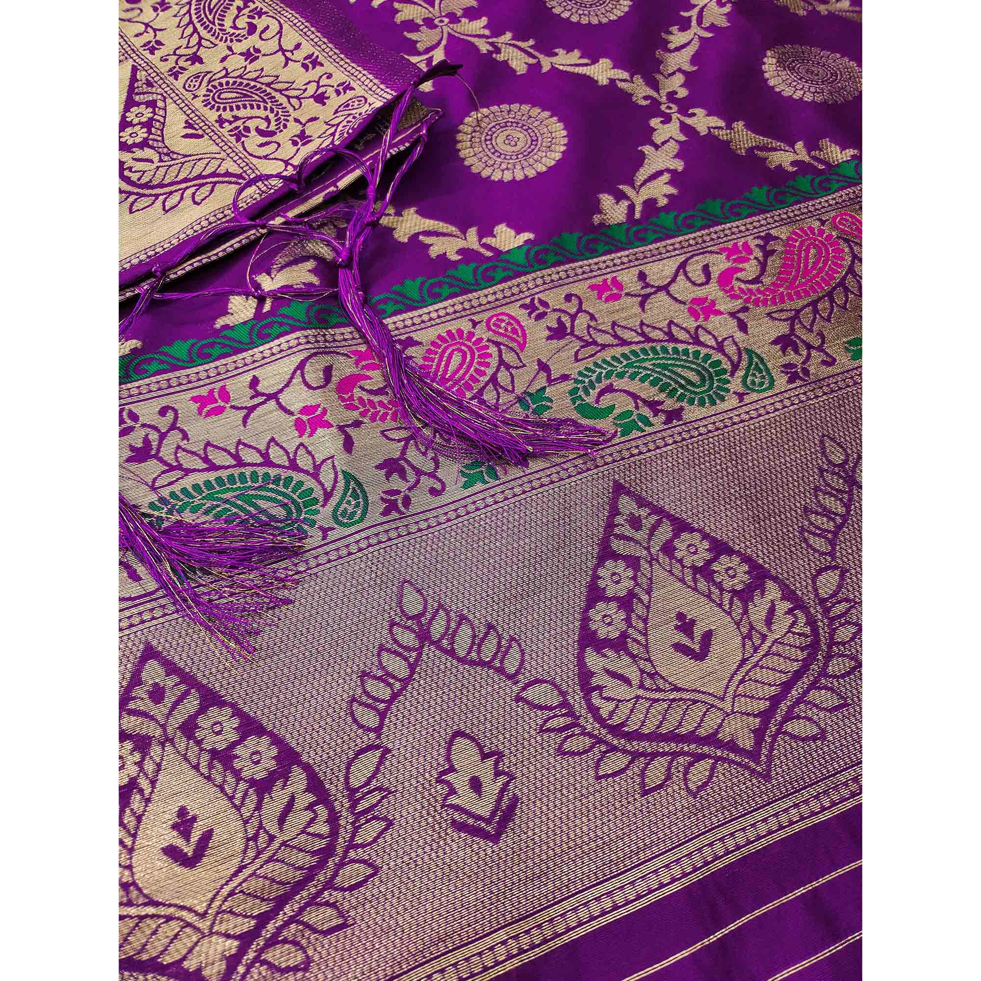 Purple Zari Woven Banarasi Silk Dress Material With Elegant Floral Motifs
