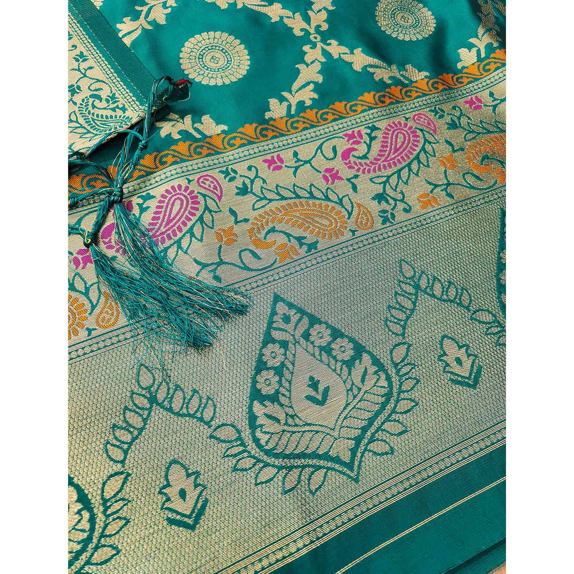 Rama Green Zari Woven Banarasi Silk Dress Material With Elegant Floral Motifs