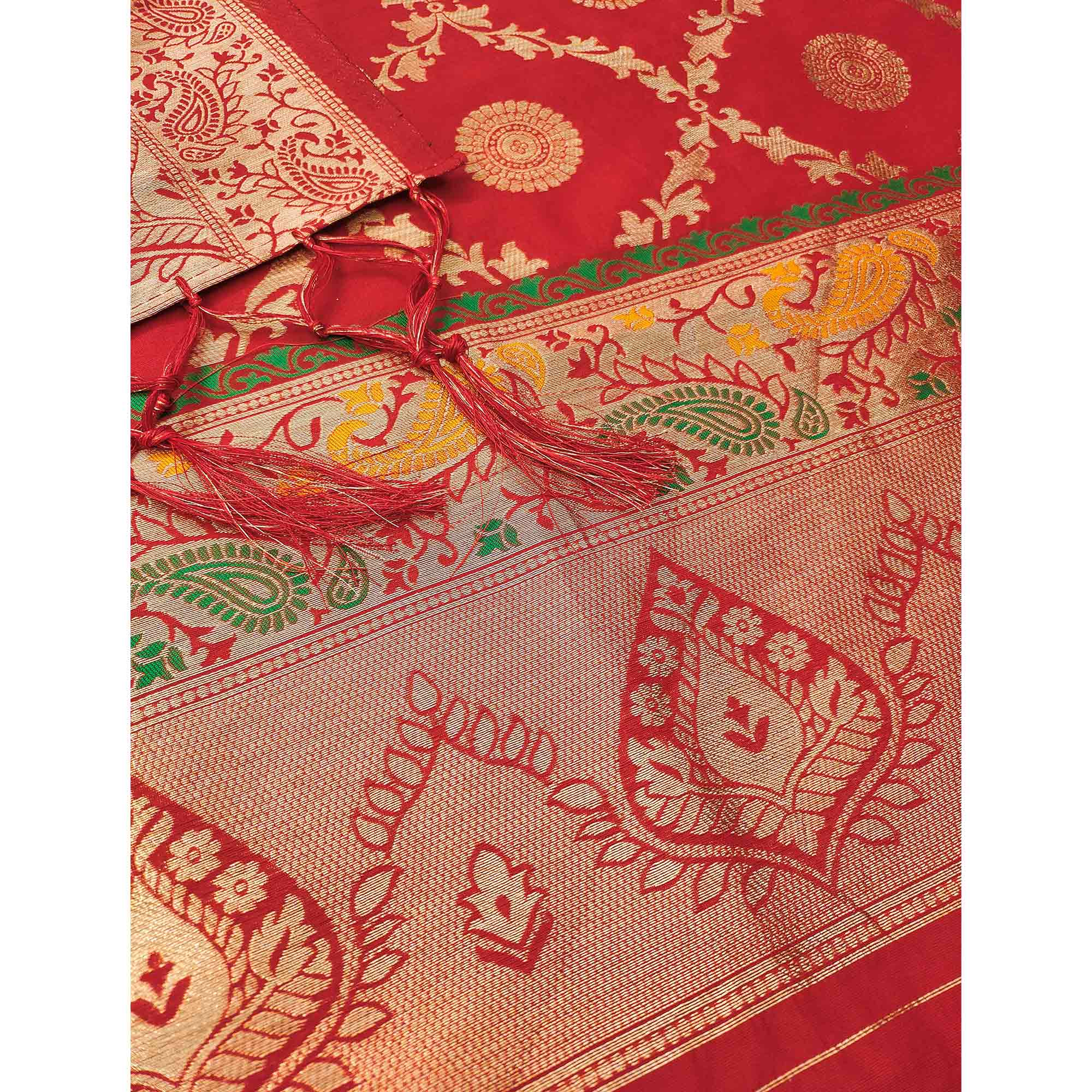 Red Zari Woven Banarasi Silk Dress Material With Elegant Floral Motifs