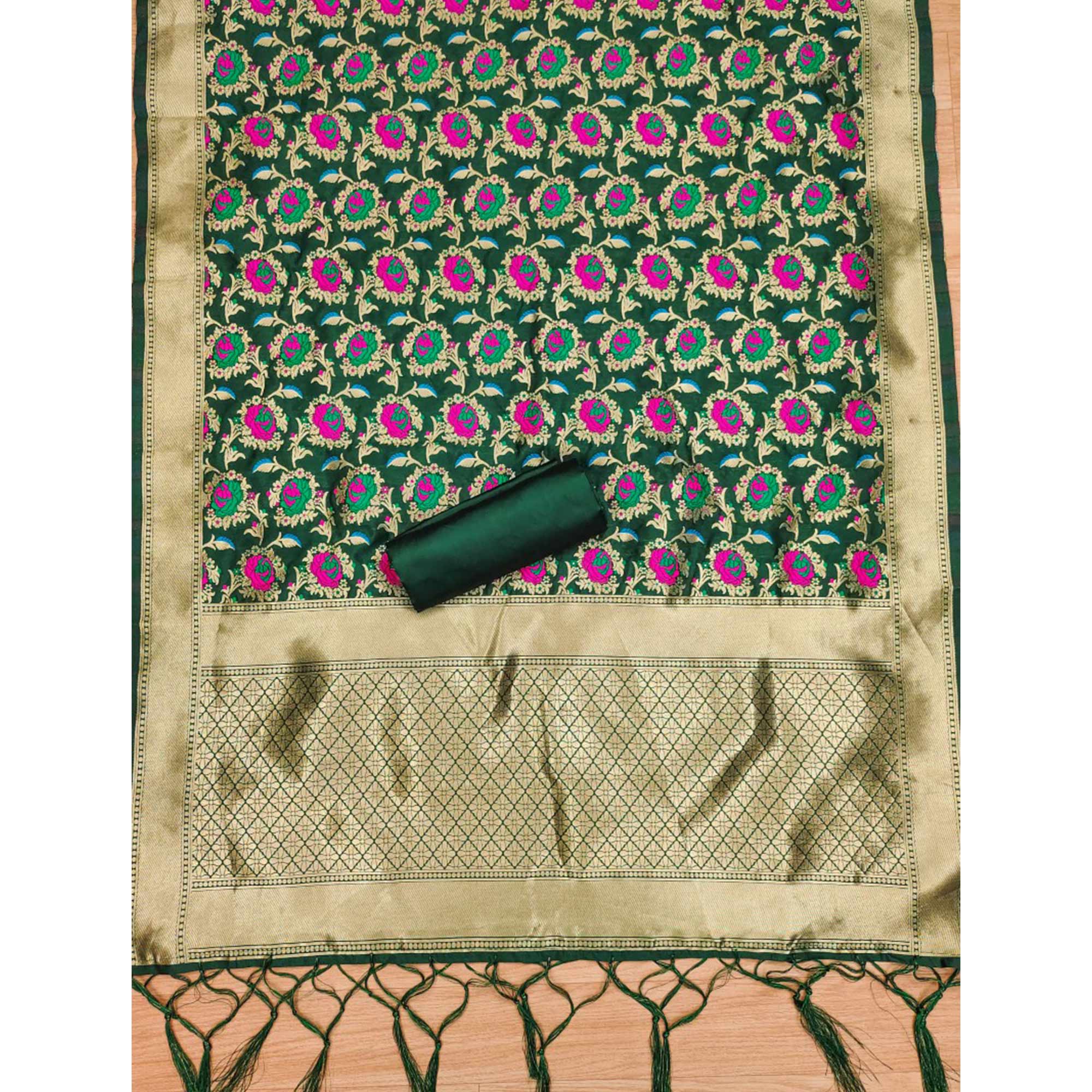 Bottle Green Floral Woven Banarasi Silk Dress Material