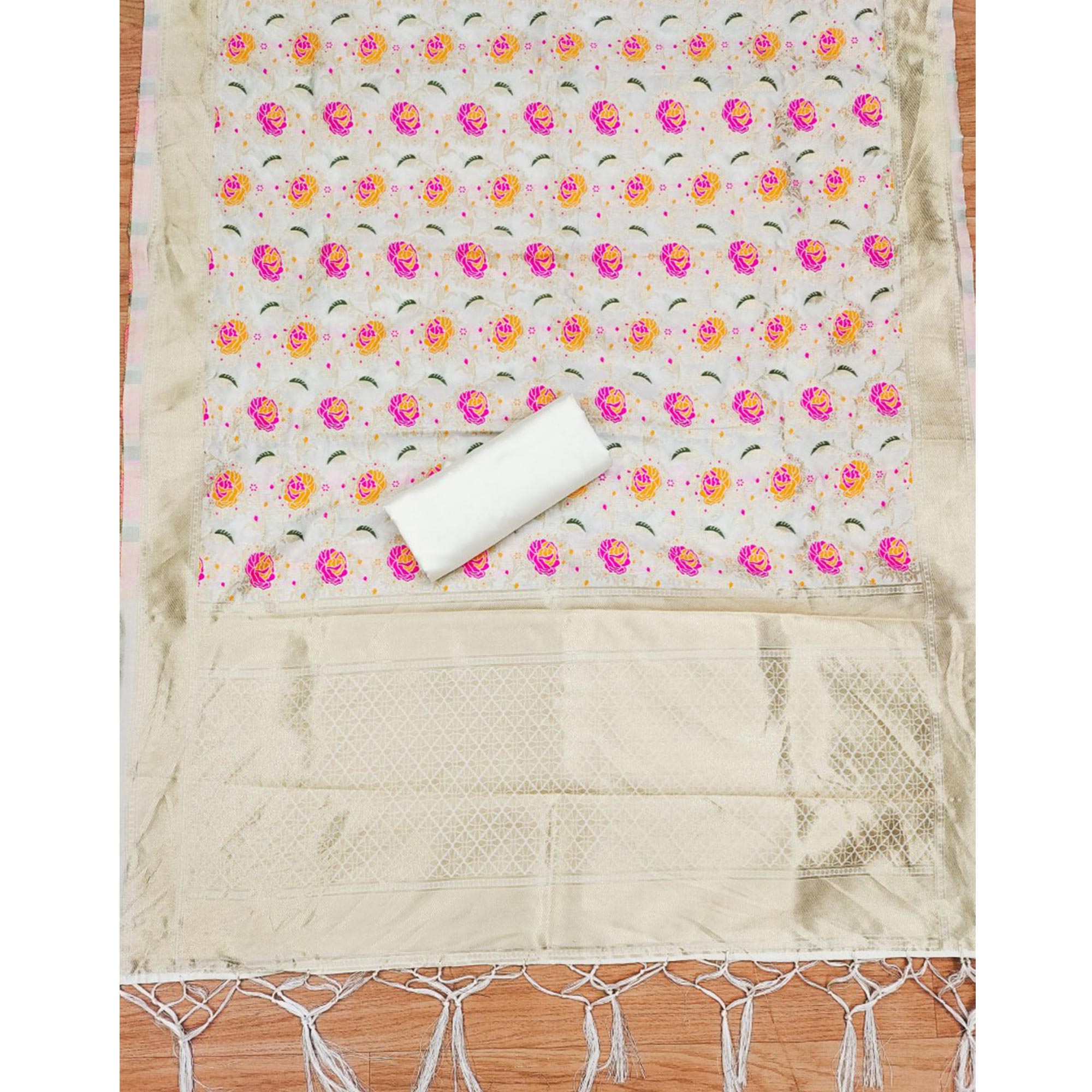 Off white Floral Woven Banarasi Silk Dress Material