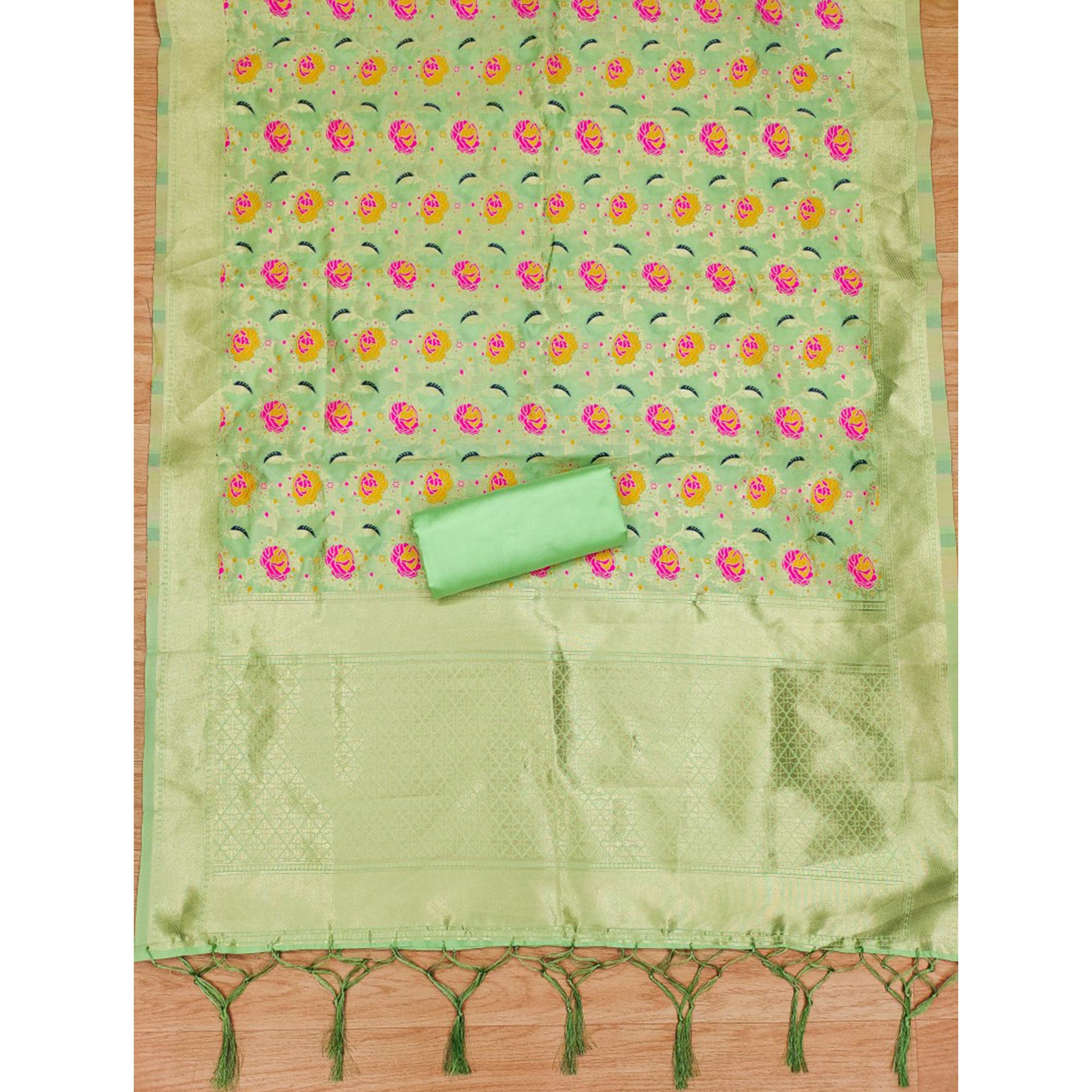 Pista Green Floral Woven Banarasi Silk Dress Material