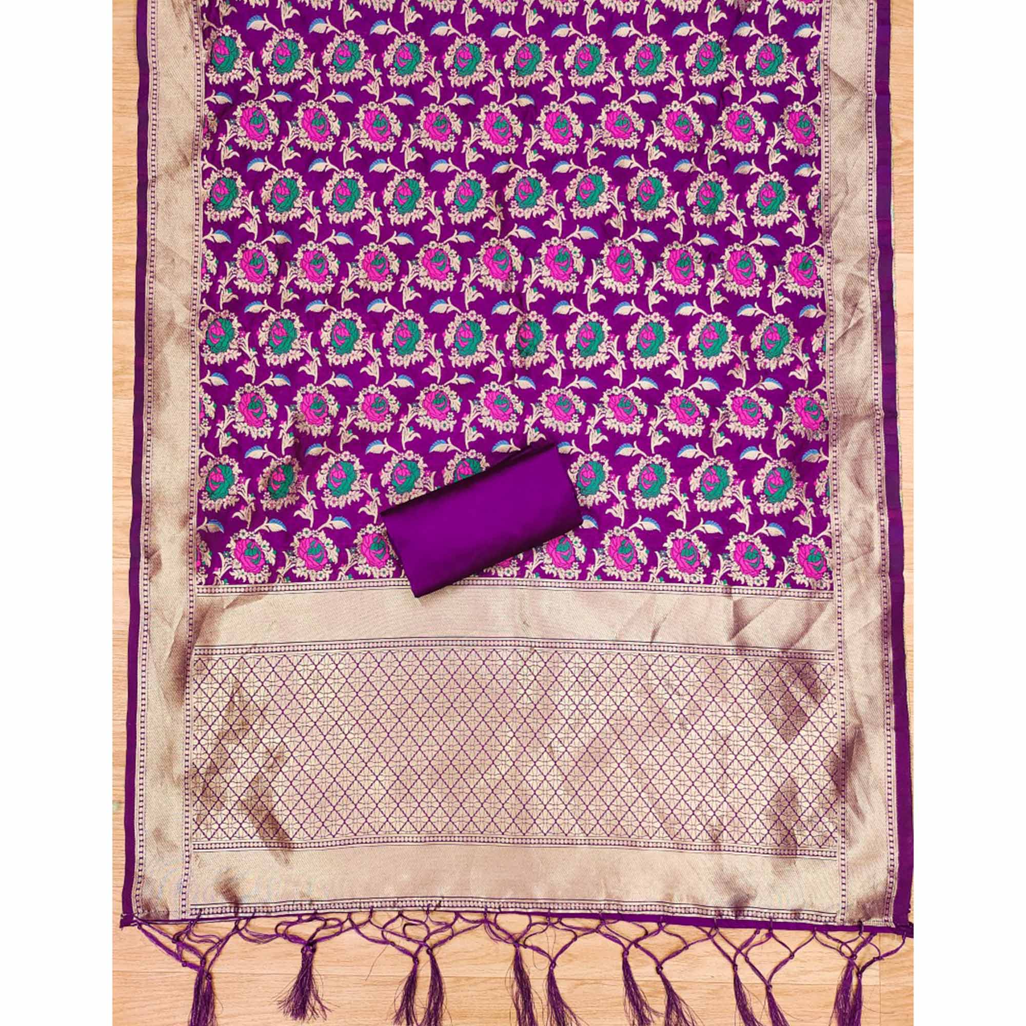 Purple Floral Woven Banarasi Silk Dress Material