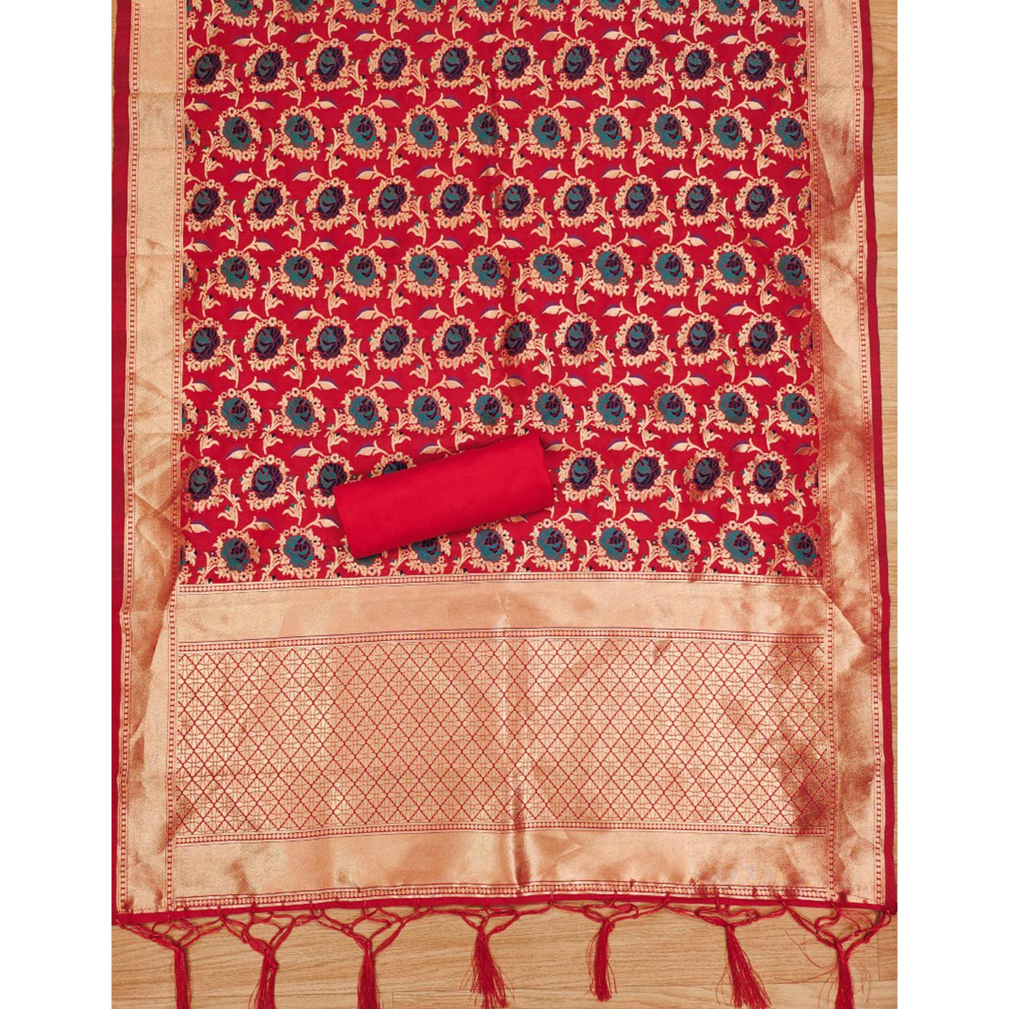 Red Floral Woven Banarasi Silk Dress Material