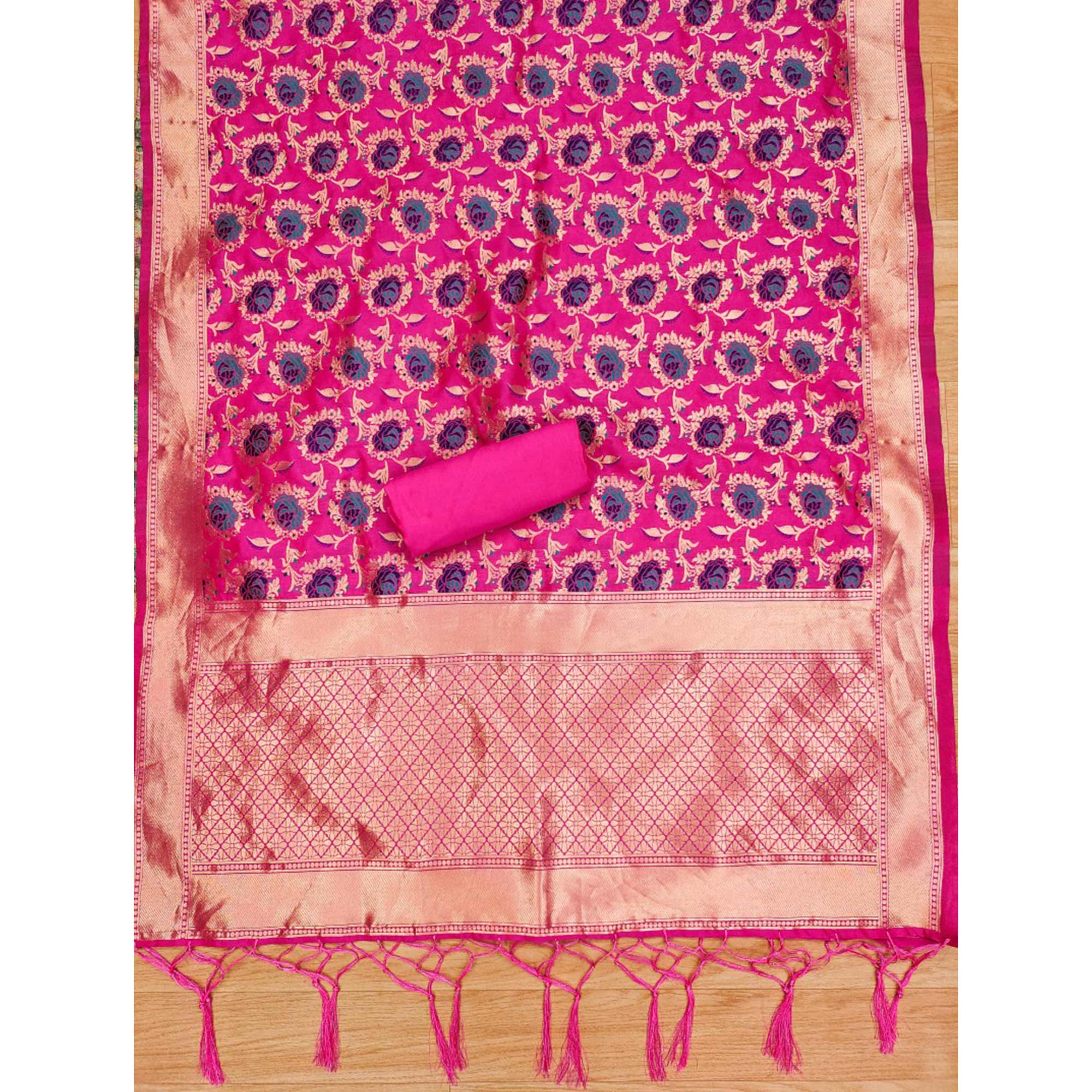 Rani Pink Floral Woven Banarasi Silk Dress Material