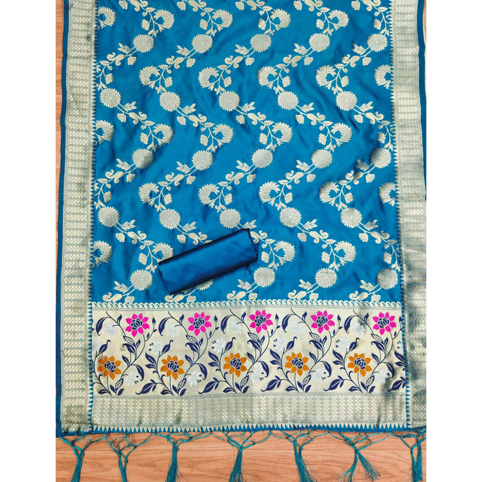 Blue Floral Woven Banarasi Silk Dress Material