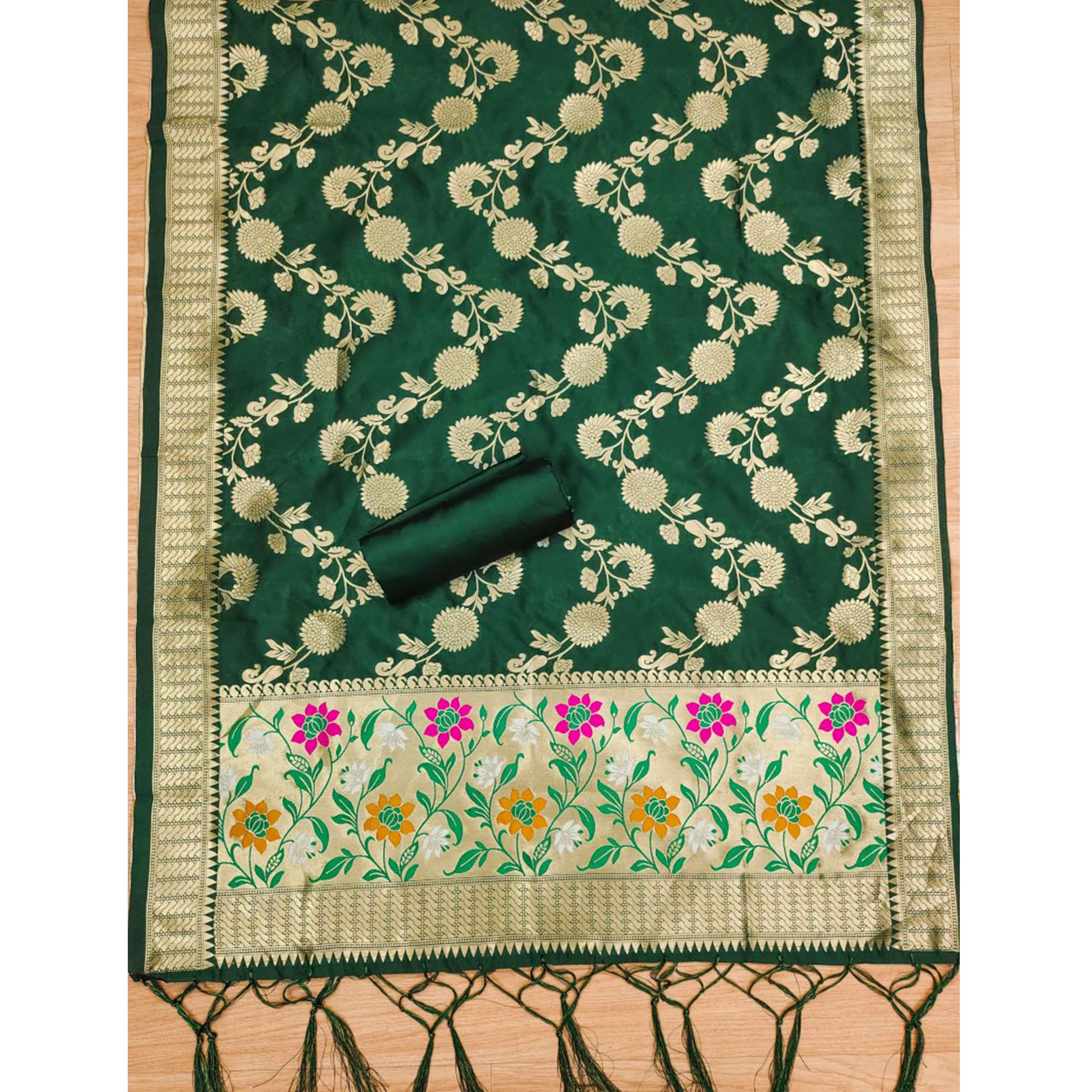 Green Floral Woven Banarasi Silk Dress Material