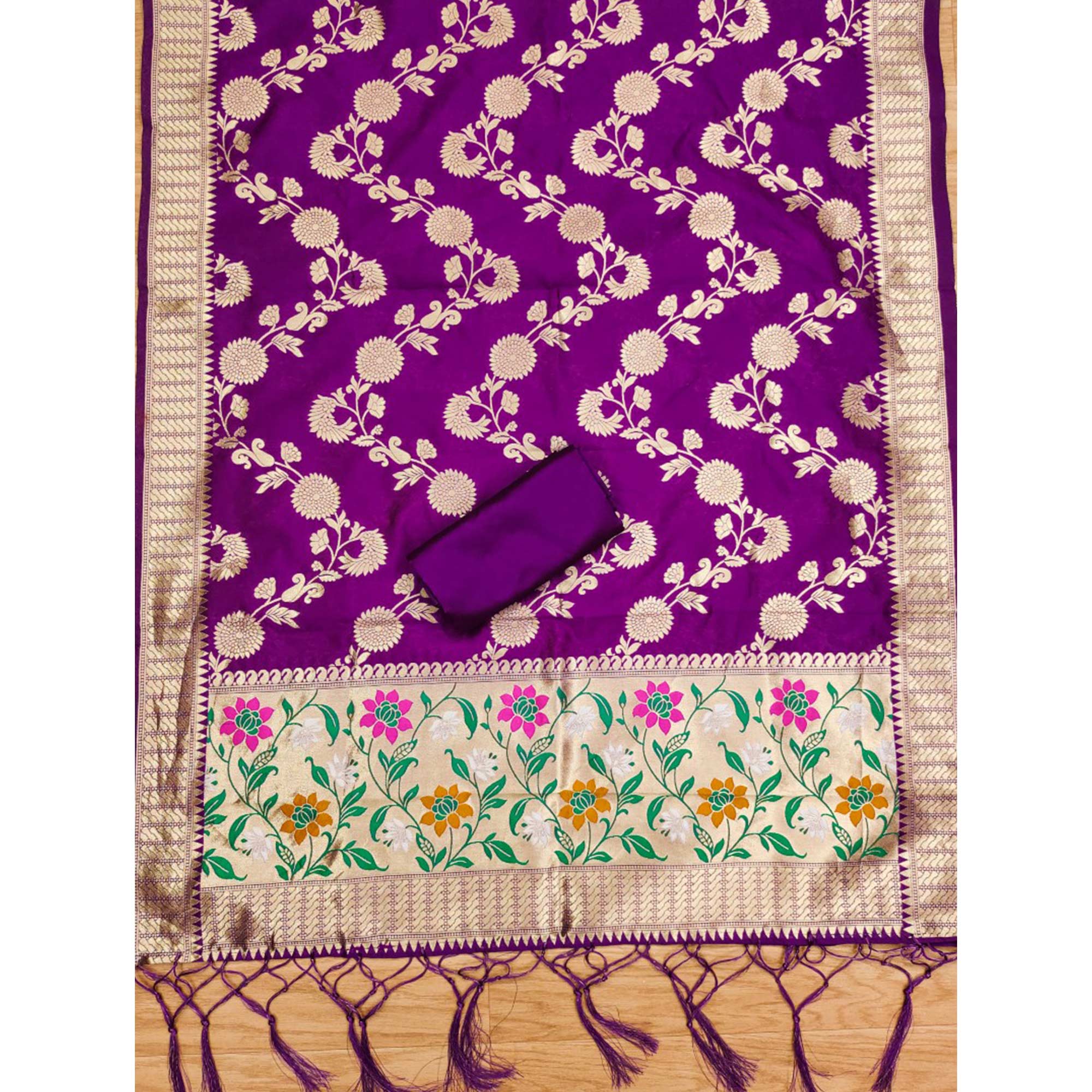 Purple Floral Woven Banarasi Silk Dress Material