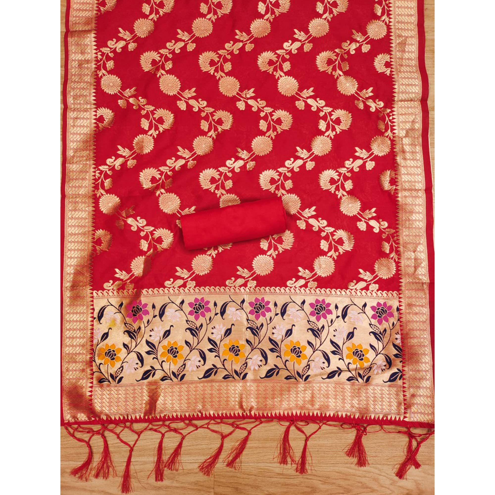 Red Floral Woven Banarasi Silk Dress Material