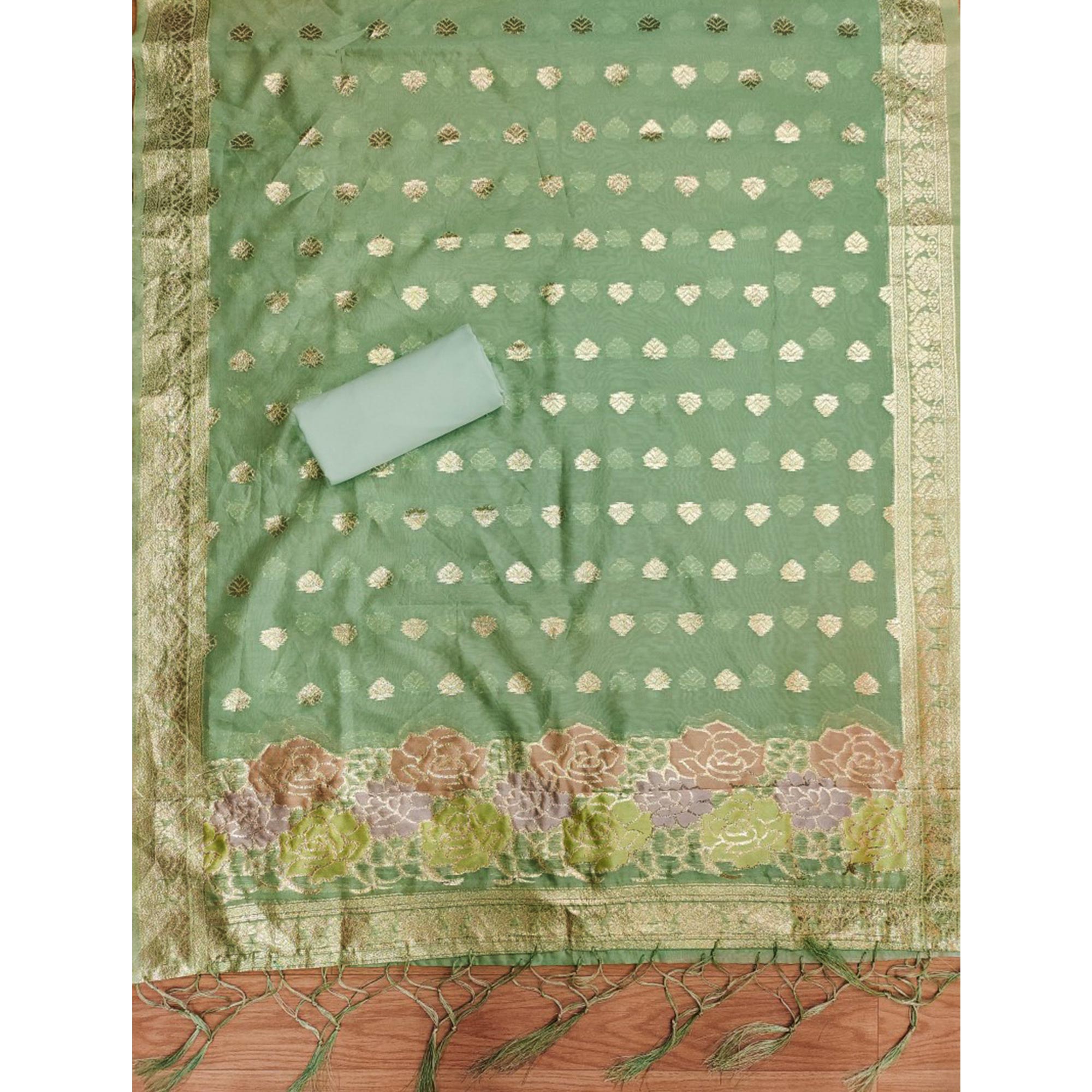 Green Floral Woven Organza Dress Material