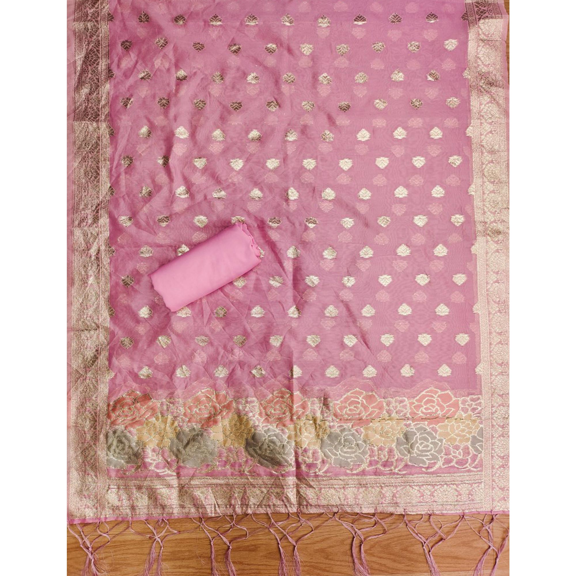 Pink Floral Woven Organza Dress Material