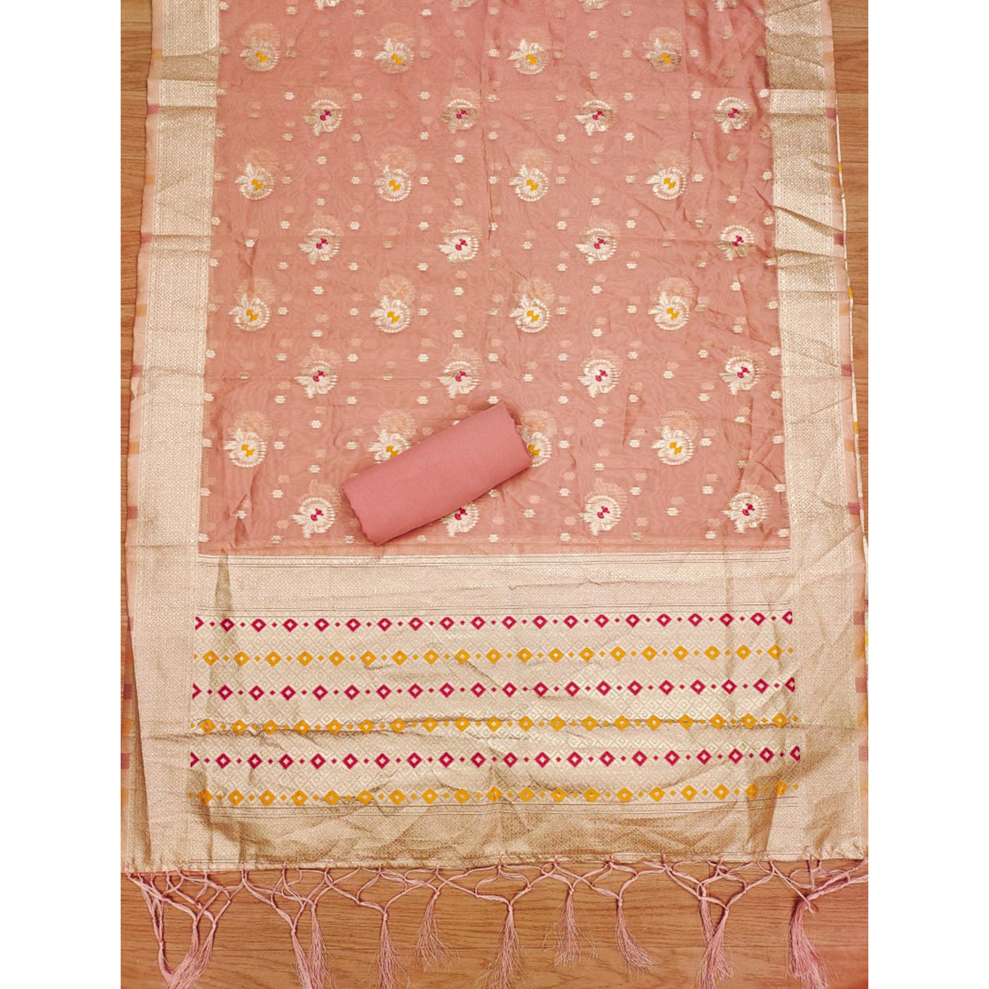 Peach Floral Woven Organza Dress Material