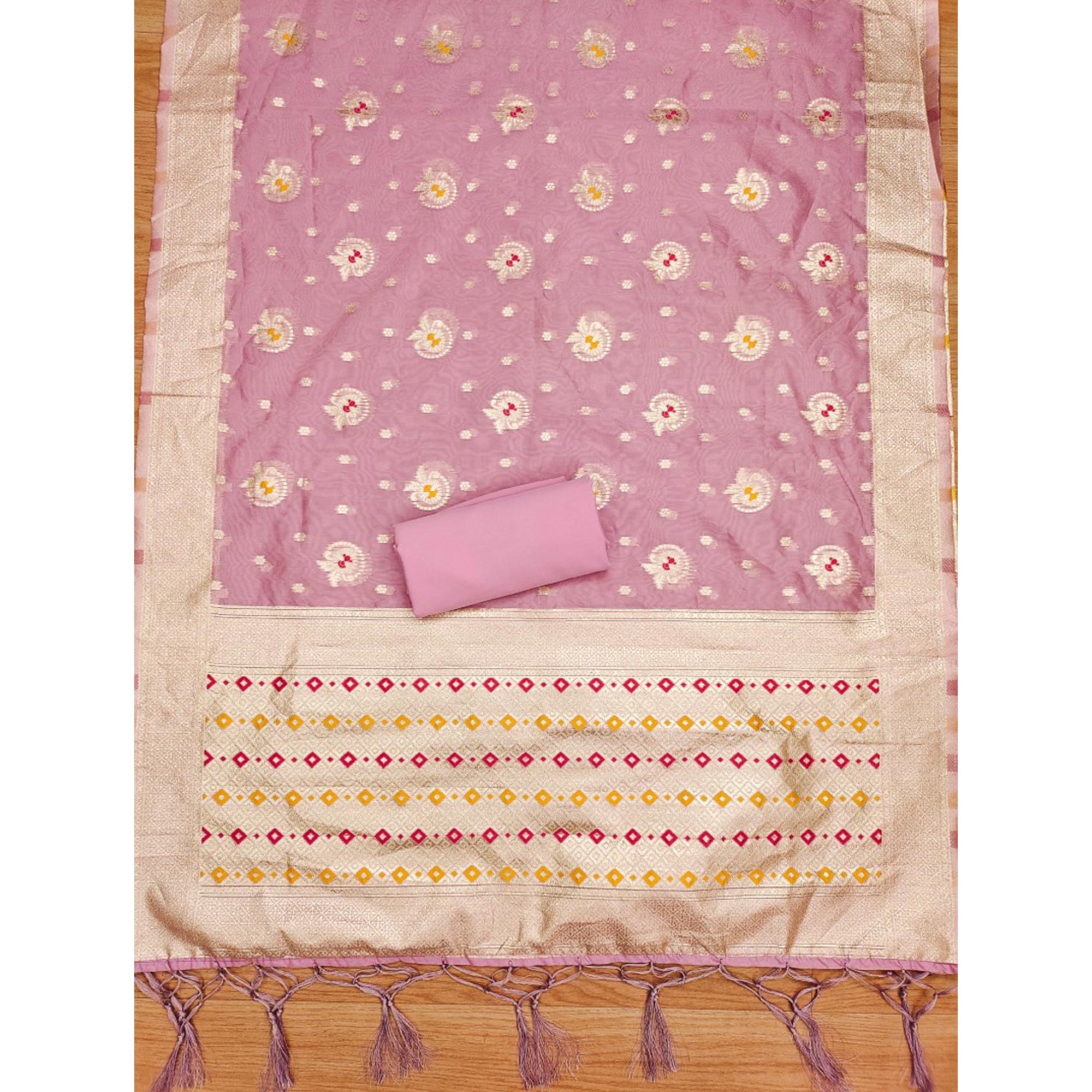 Pink Floral Woven Organza Dress Material