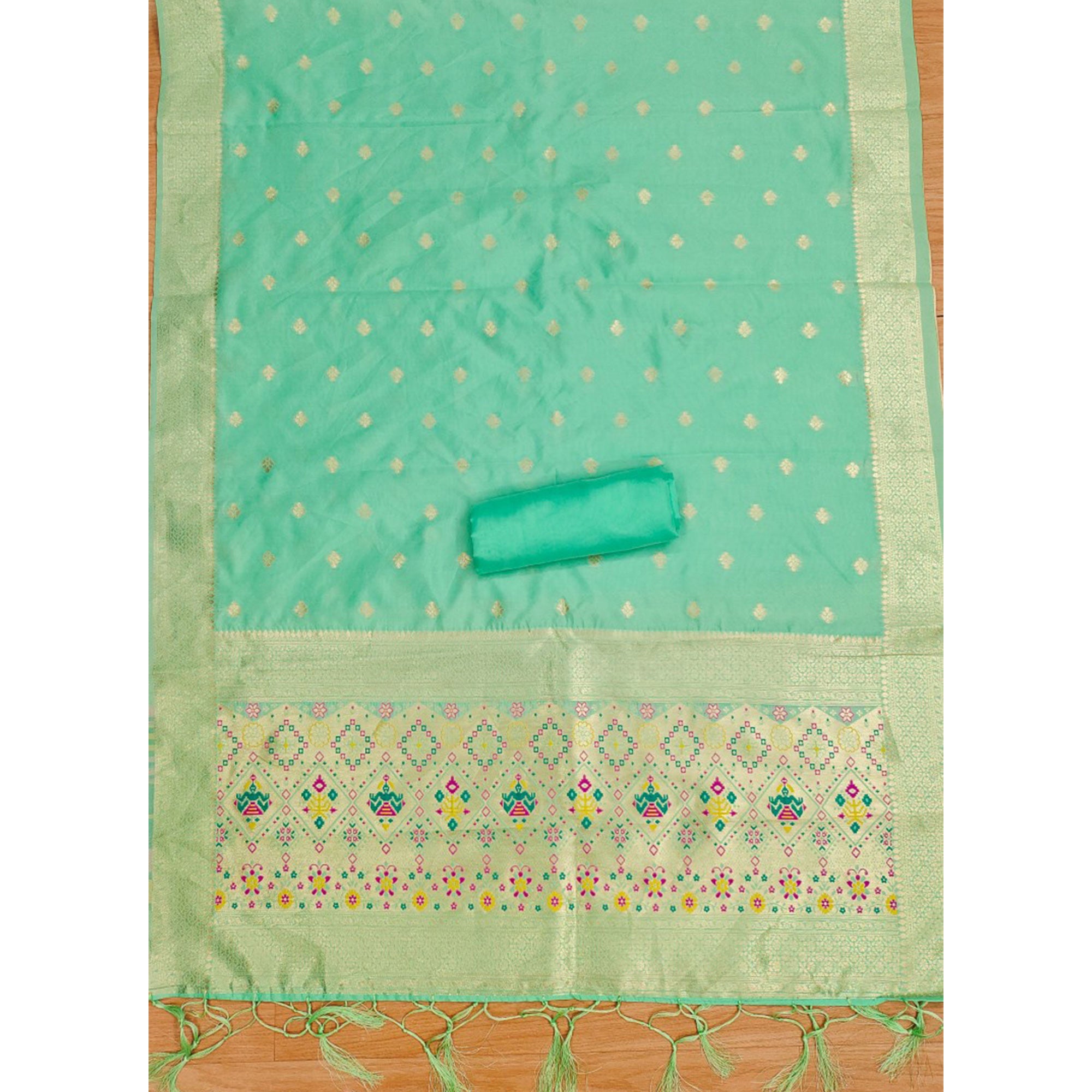 Aqua Green Zari Weaving Soft Banarasi Silk Dress Material