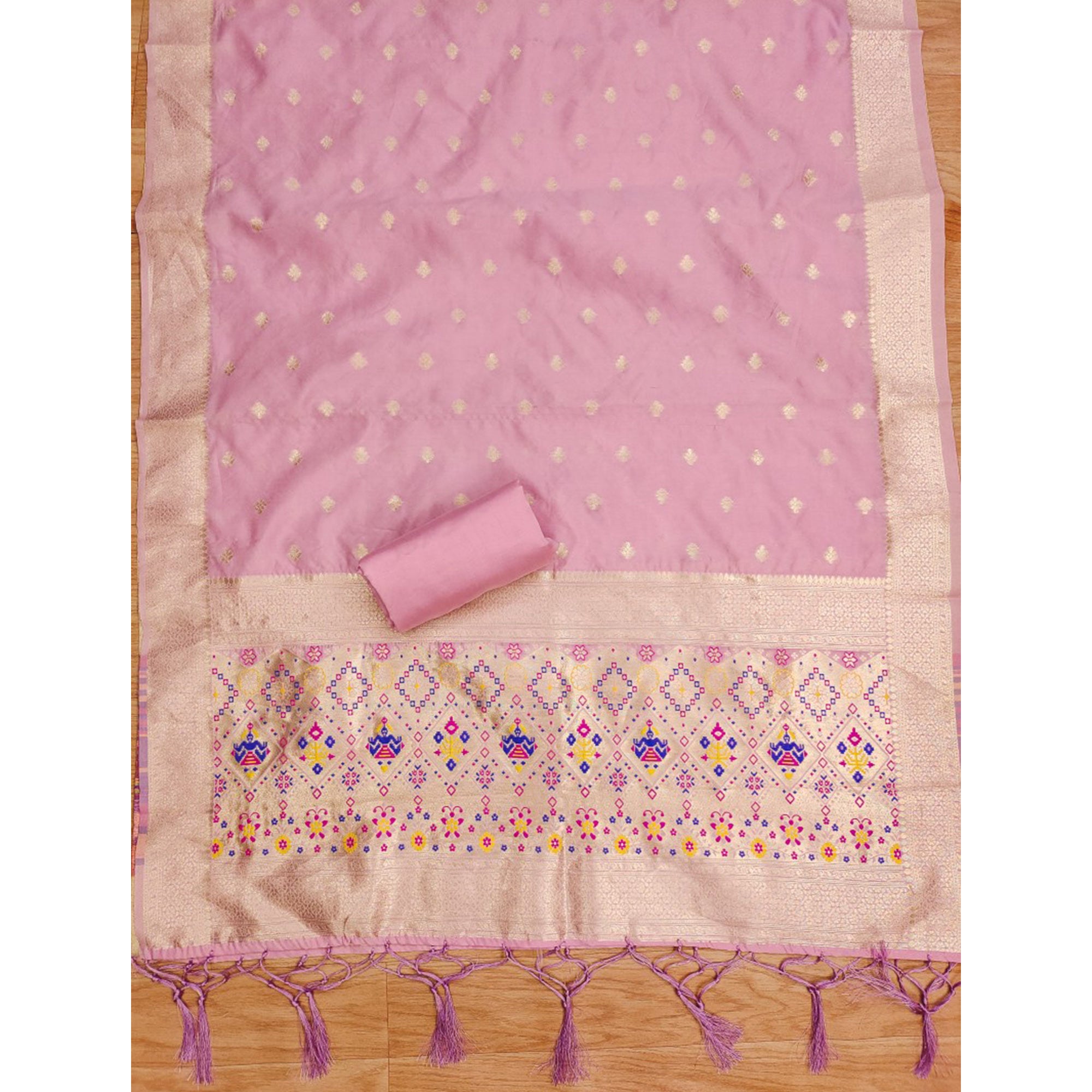 Baby Pink Zari Weaving Soft Banarasi Silk Dress Material