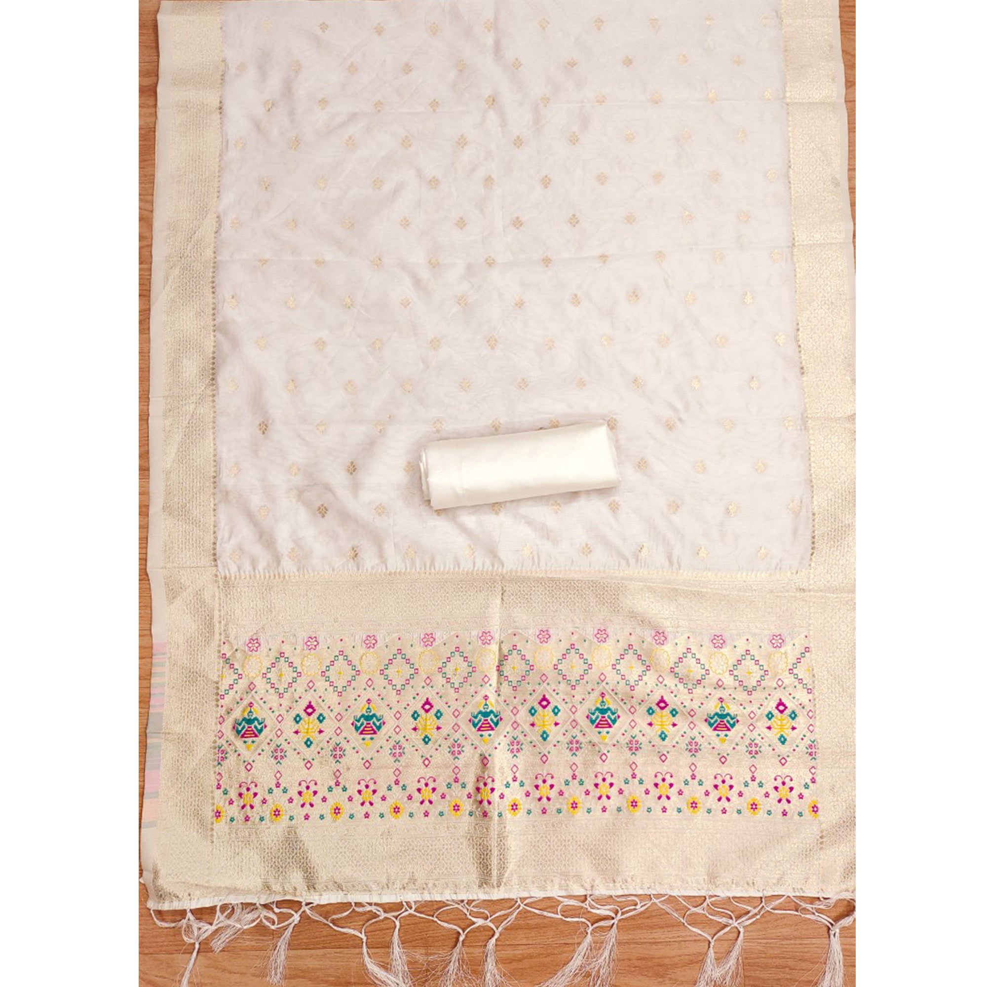 Off White Zari Weaving Soft Banarasi Silk Dress Material