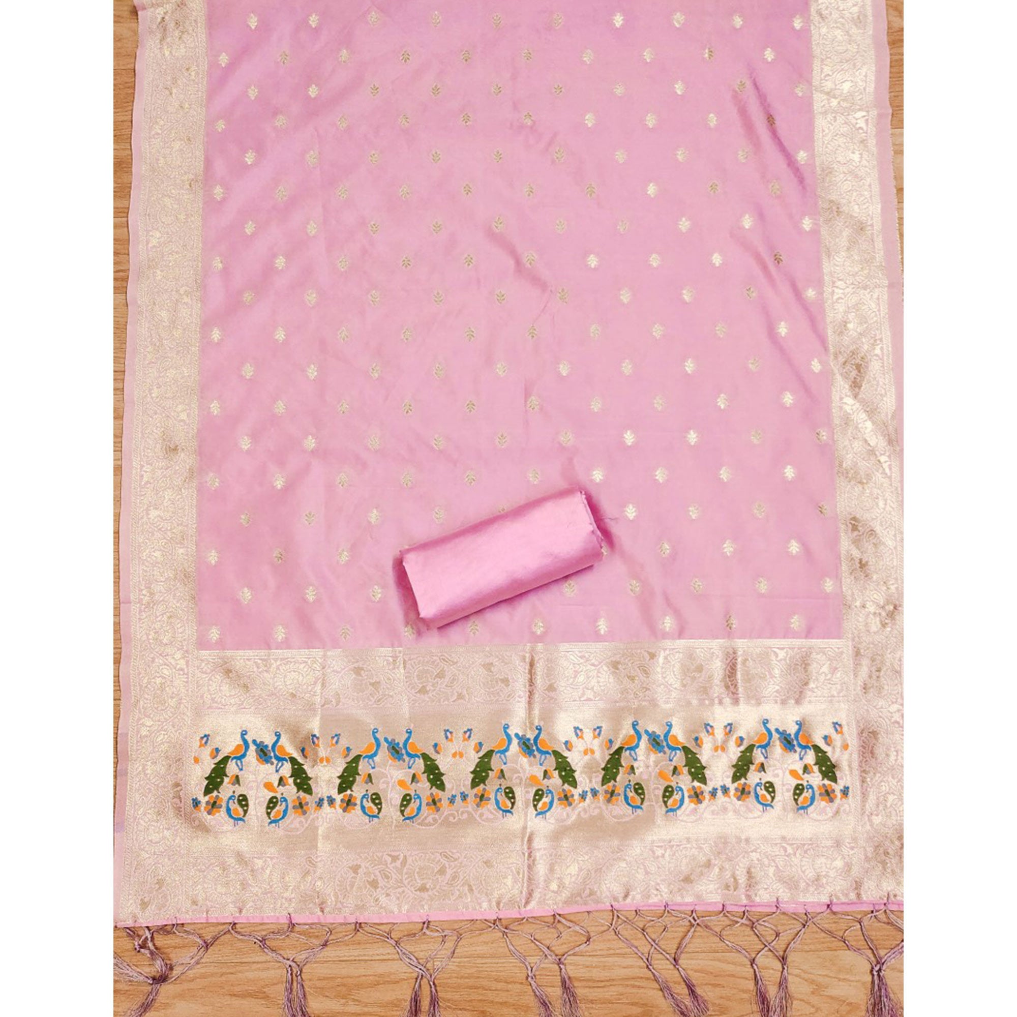 Baby Pink Floral Woven Banarasi Silk Dress Material