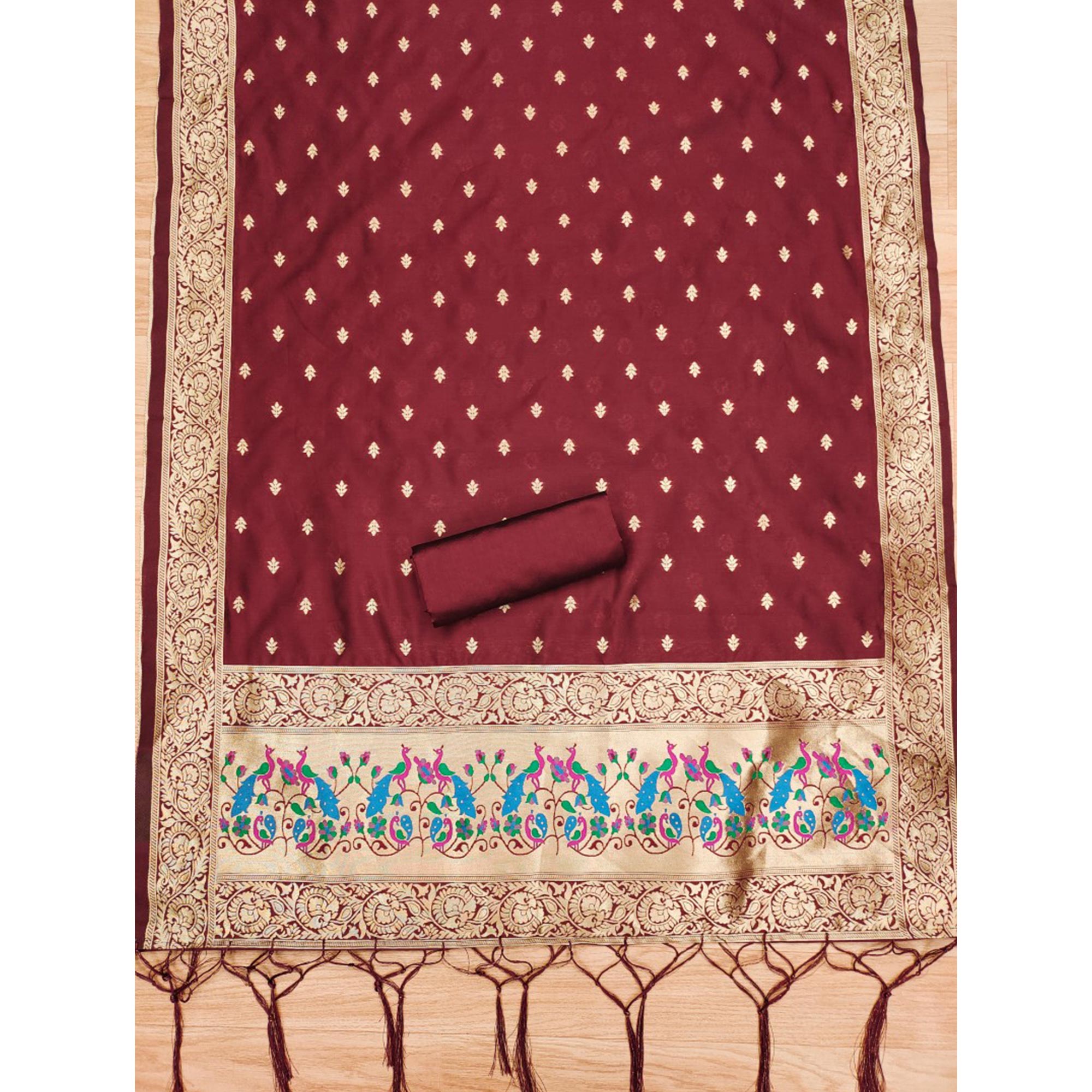 Maroon Floral Woven Banarasi Silk Dress Material