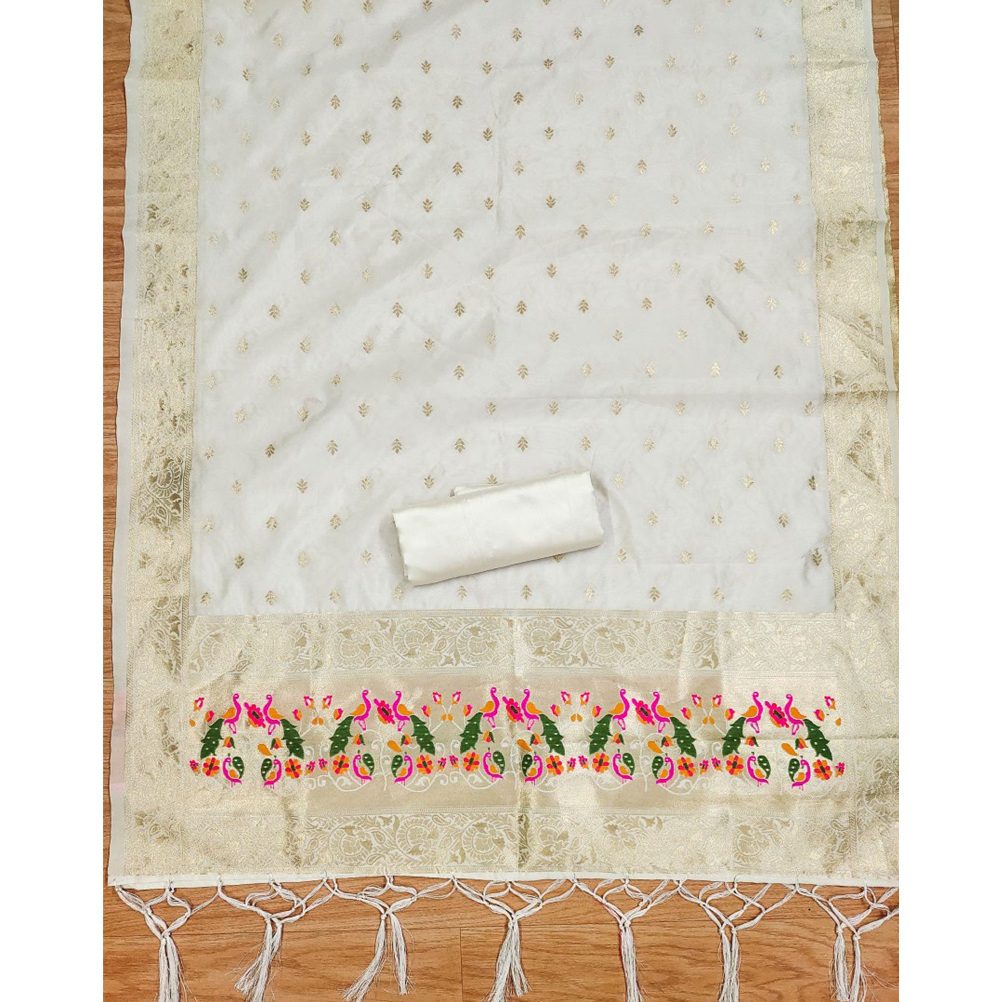 Off White Floral Woven Banarasi Silk Dress Material