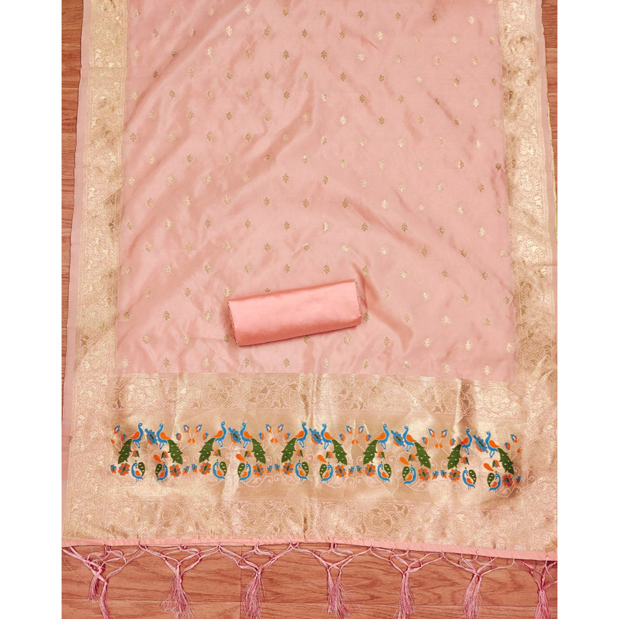 Peach Floral Woven Banarasi Silk Dress Material