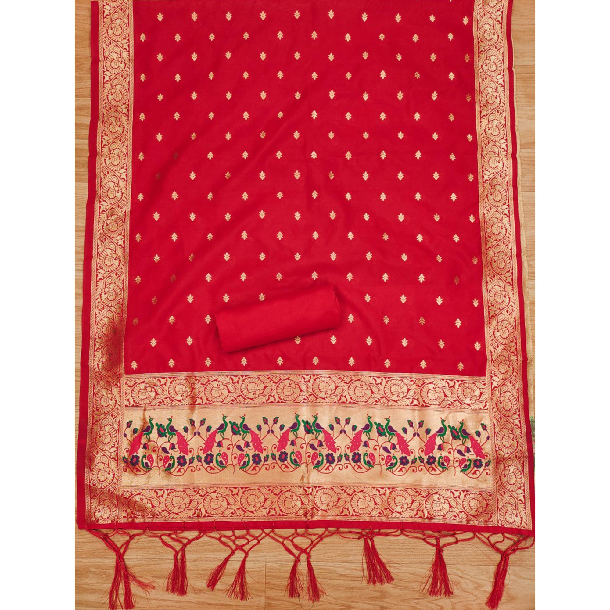 Red Floral Woven Banarasi Silk Dress Material