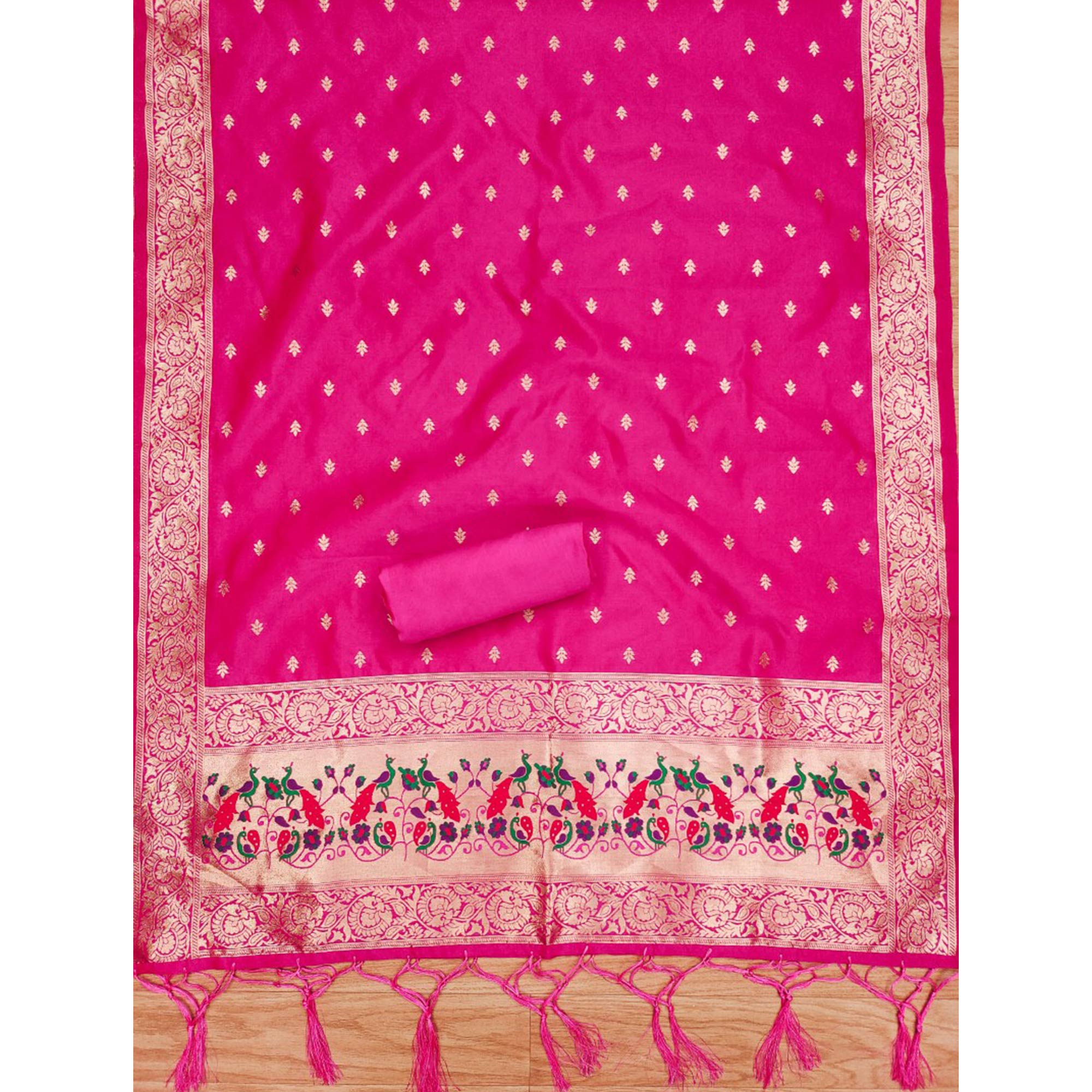 Rani Pink Floral Woven Banarasi Silk Dress Material