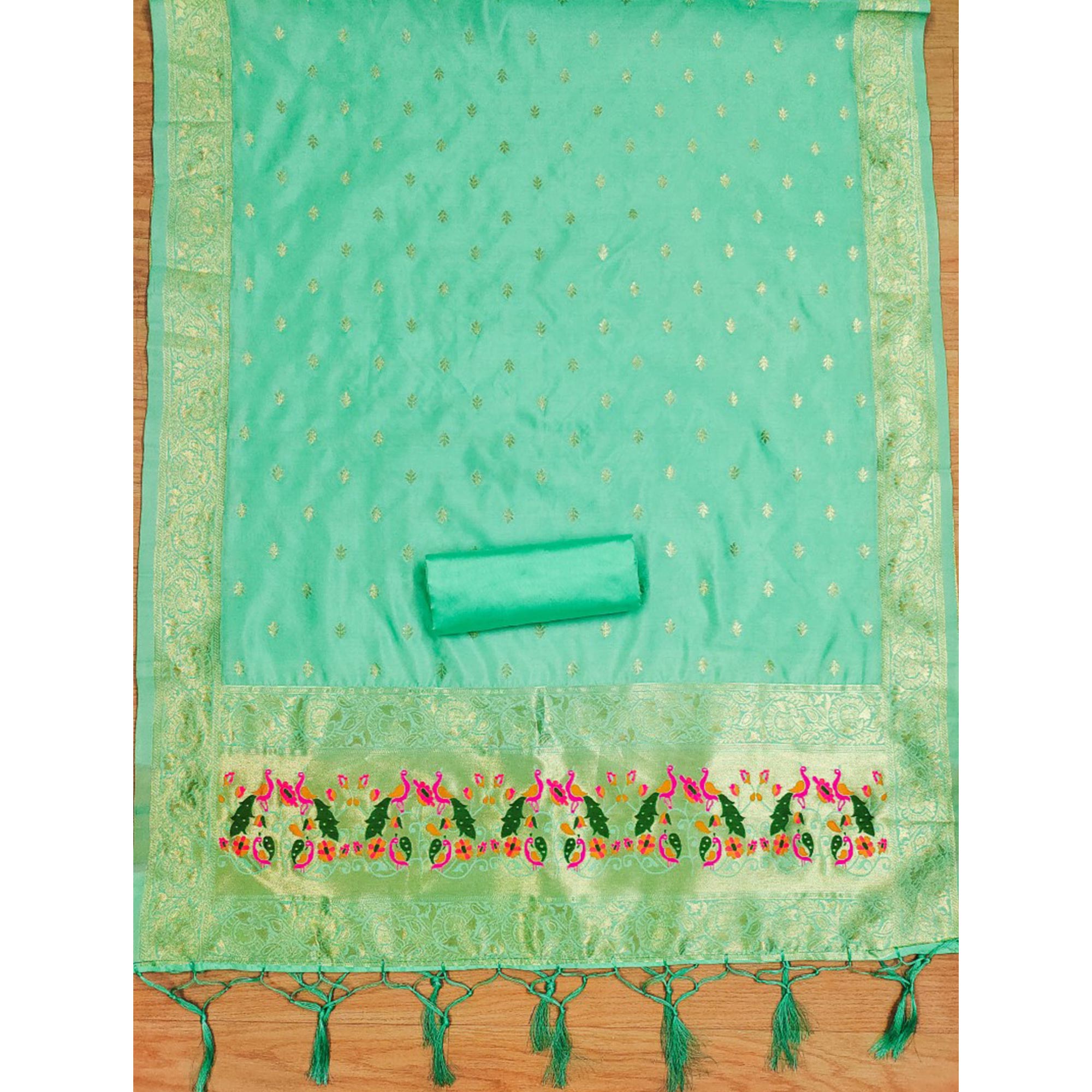 Sea Green Floral Woven Banarasi Silk Dress Material