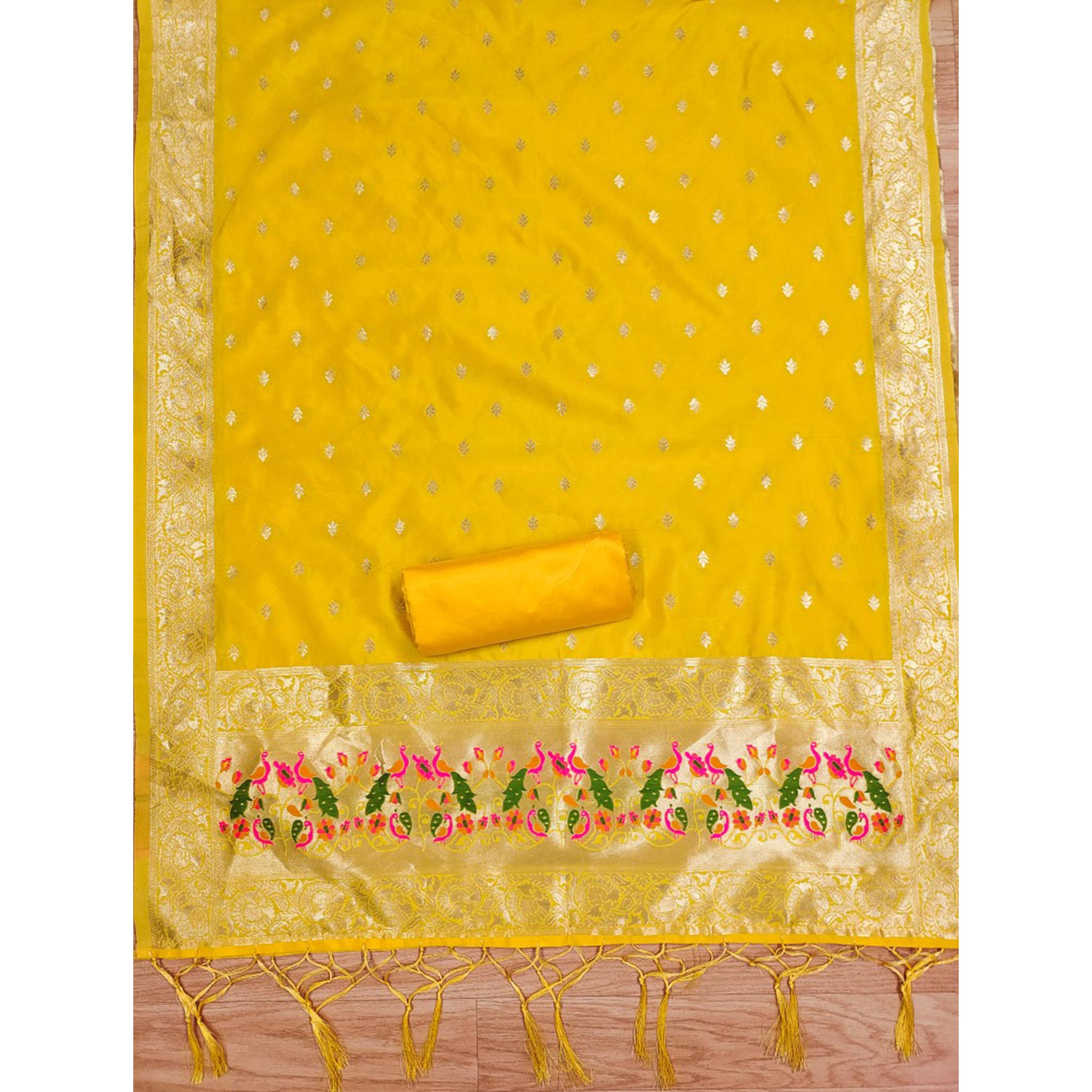 Yellow Floral Woven Banarasi Silk Dress Material