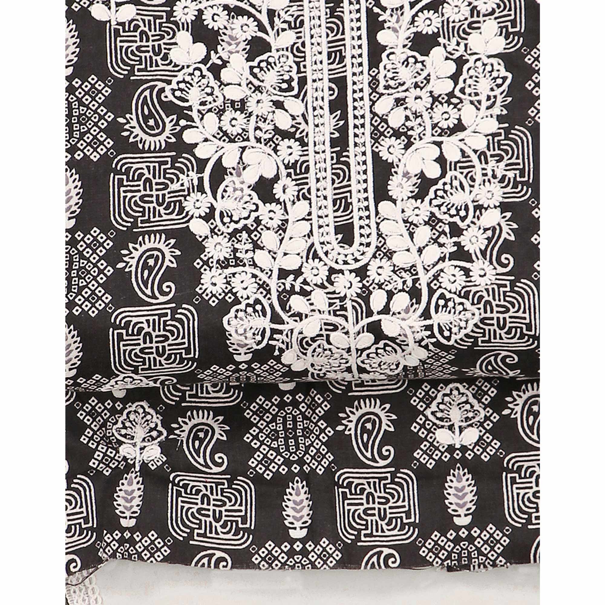 Black Printed With Embroidery Pure Cotton Dress Material