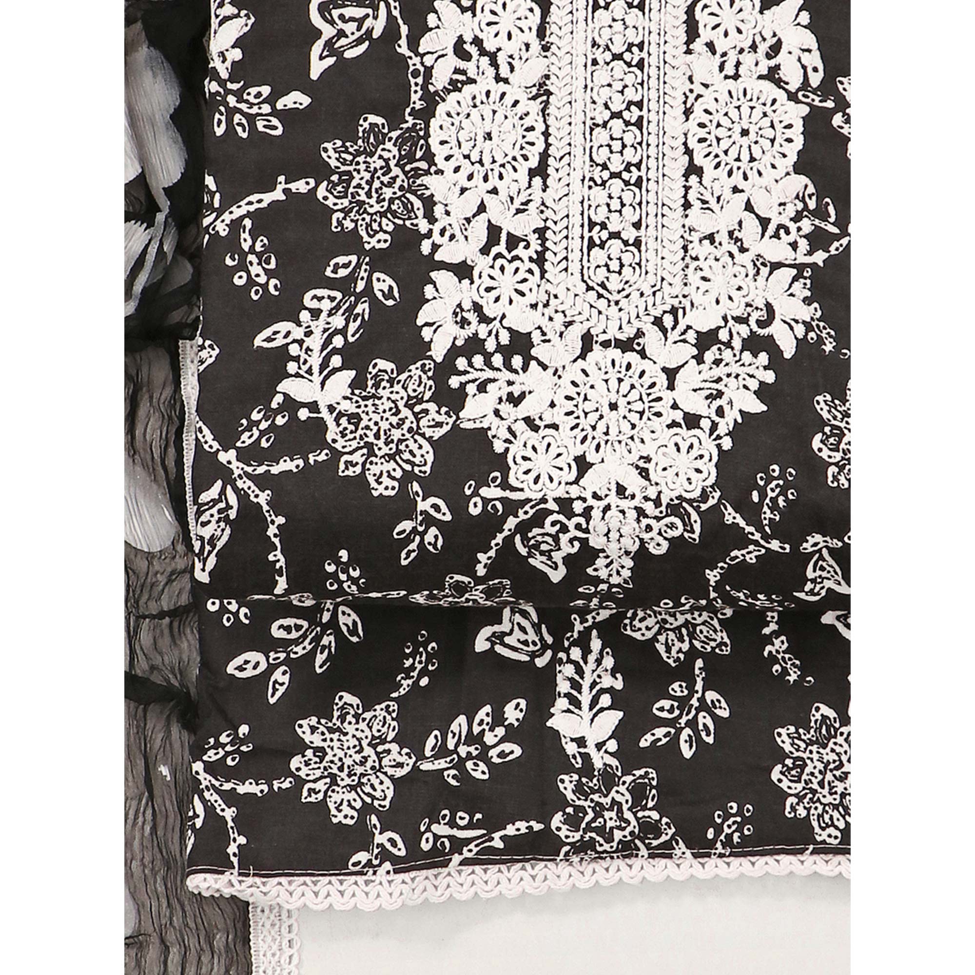 Black Printed With Embroidery Pure Cotton Dress Material