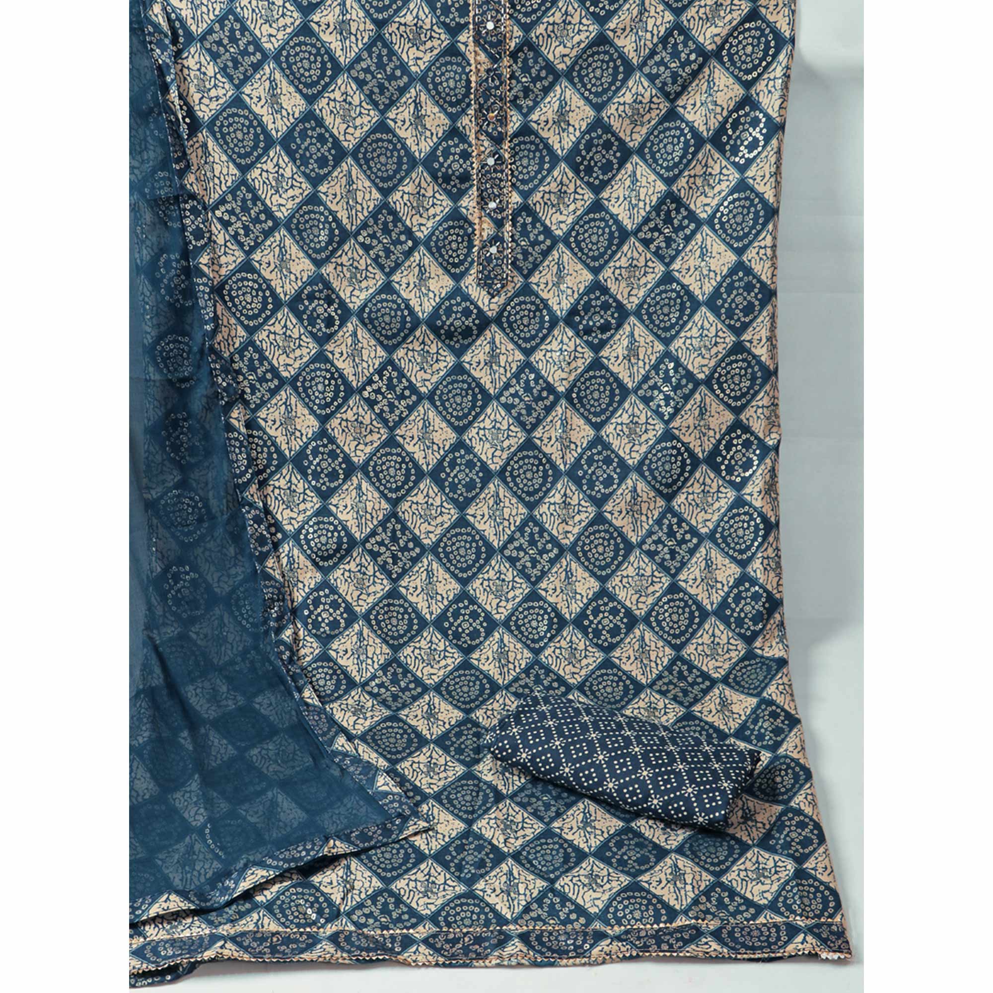 Blue Foil Printed With Handwork Pure Cotton Dress Material