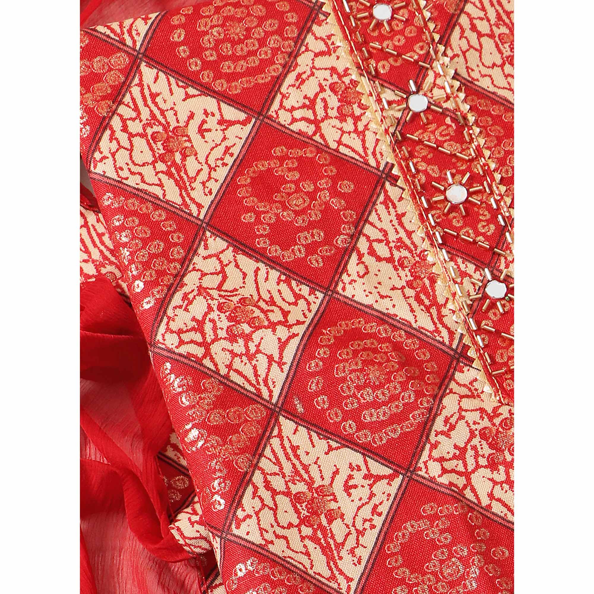 Red Foil Printed With Handwork Pure Cotton Dress Material