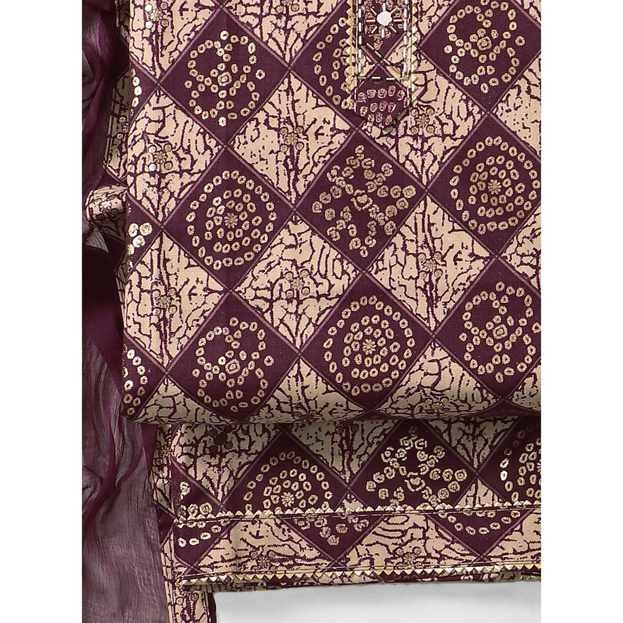 Wine Foil Printed With Handwork Pure Cotton Dress Material