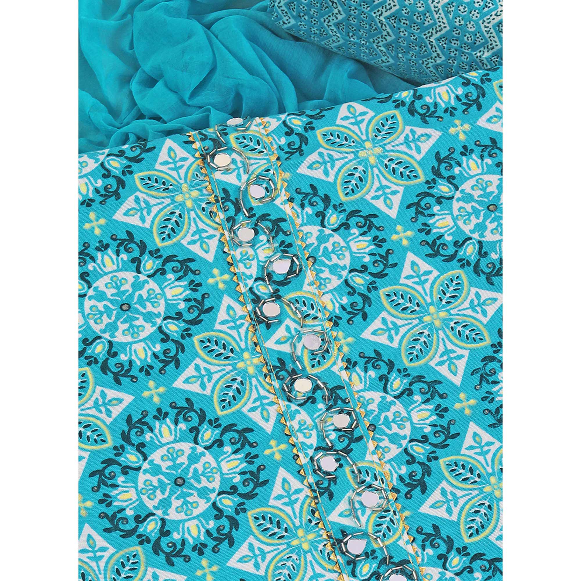 Blue Floral Foil Printed With Handwork Pure Cotton Dress Material