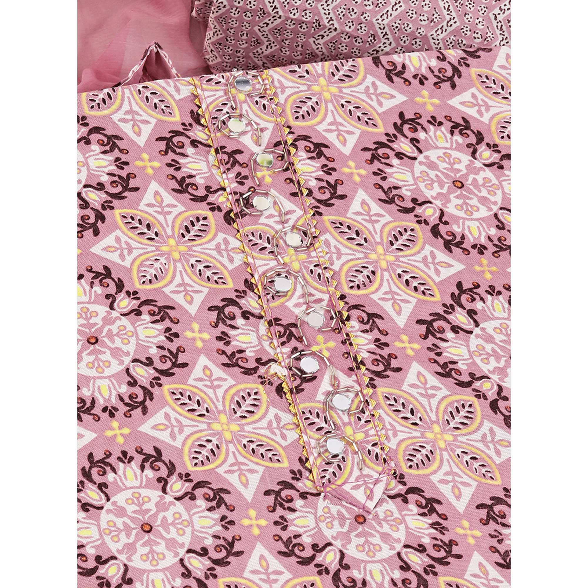 Pink Floral Foil Printed With Handwork Pure Cotton Dress Material