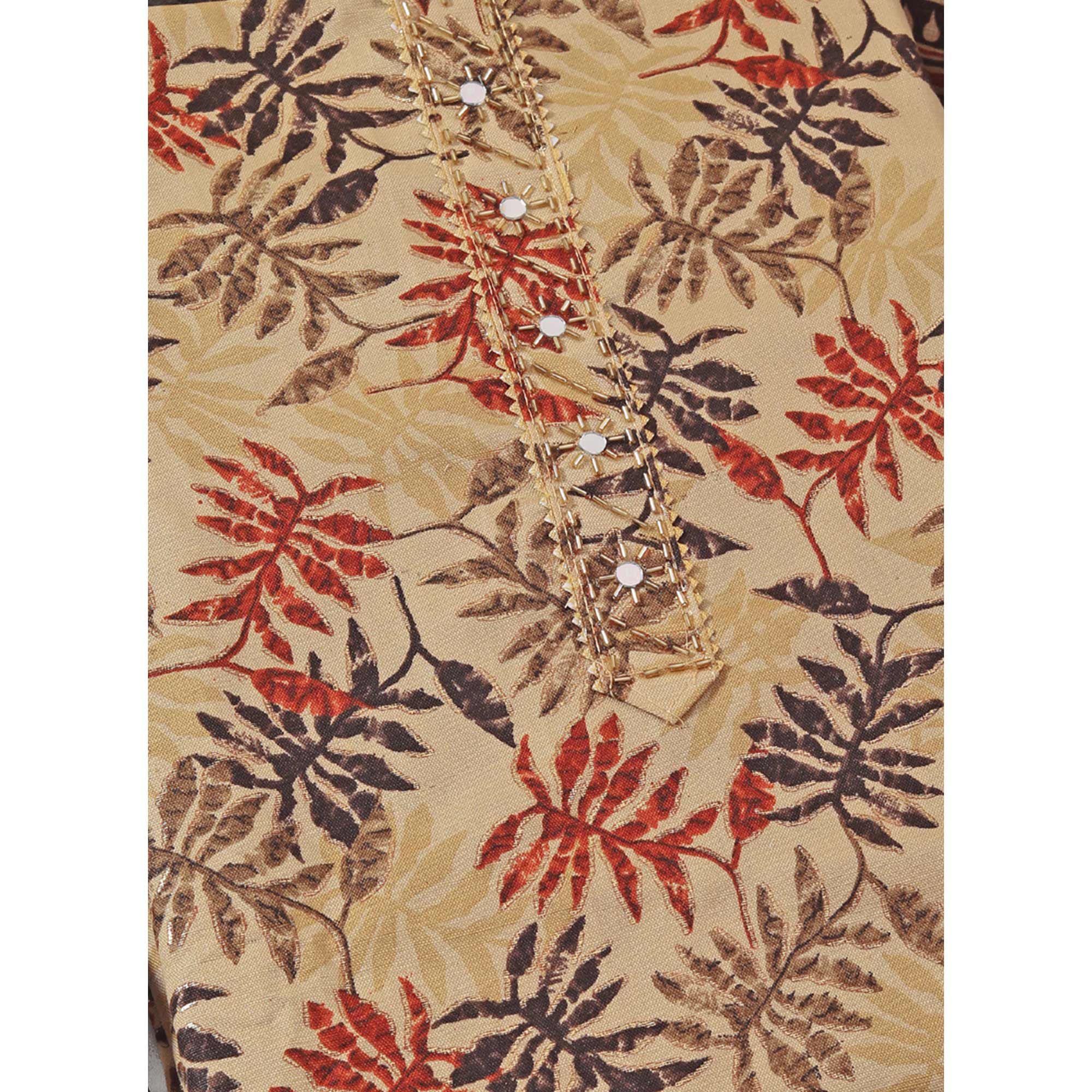 Chikoo & Brown Foil Printed With Handwork Pure Pure Cotton Dress Material